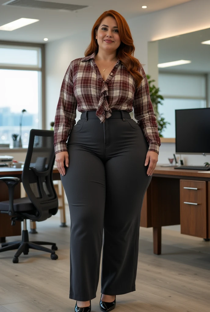An happy and excited photo of a Beautiful ginger architect BBW, with long wavy light Brownish-ginger hair, with big soft fat belly, thicc fat arms, thicc wide legs, big breast, in black pants, long black shirt tucked in her pants, black belt and black blouse in her new modern architect office with building models and blueprints