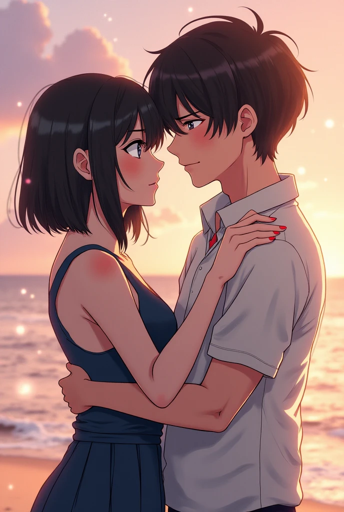 shinkai makoto, kimi no na wa., 1girl, 1boy, bangs, black hair, short hair, blush, , (boy wear black pants), ((girl wear blue skirt, red headband, red ribbon)), shirt, white shirt, short sleeves, cute, love, couple, adorable, dating, (((kiss, deep kiss, tongue, saliva))), closed eyes, passionate hug, dynamic light, valentine background, sunset background, In a romantic atmosphere, Feel the romantic theme of Valentine's Day
