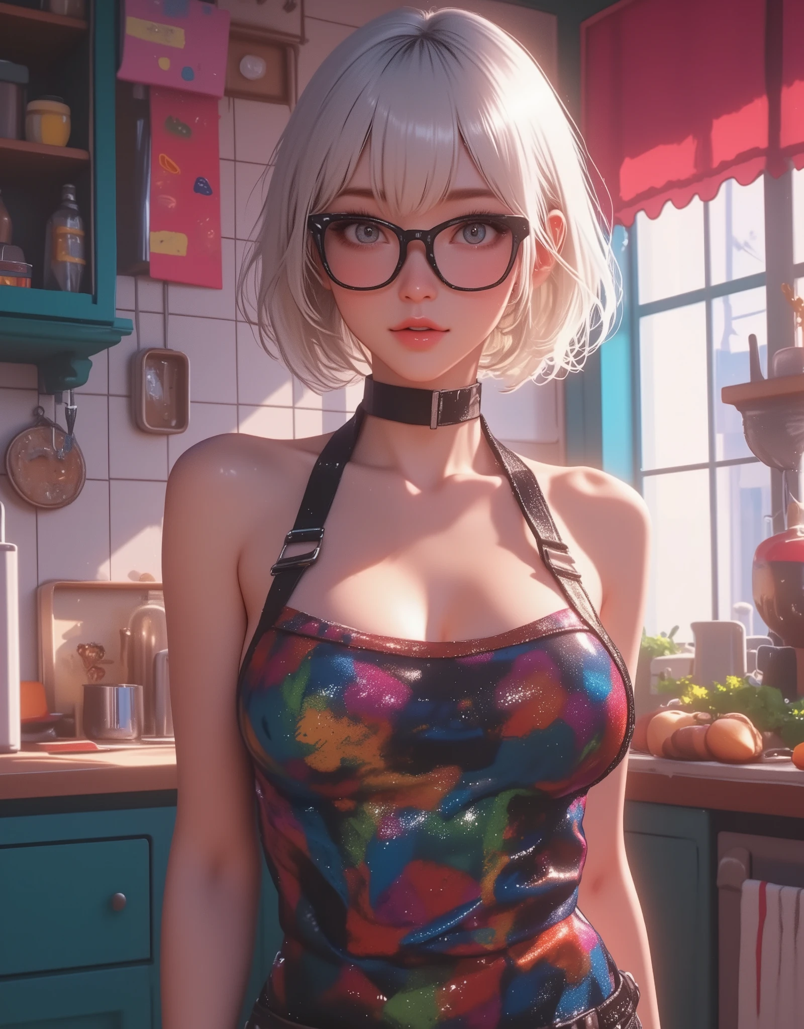 (top quality, 8k, masterpiece:1.3), (Big Breasts:1.5),Chest,(beautiful face:1.3),a solo sexy girl, standing,kitchen,(shiny skin:1.2),( beautiful busty YoRha 2B in their 20s),white short hair,(viewers),(shy),,excited,(Short apron),long hair,(colorful), striped ,(micro panties),(Big Breasts、well-defined breasts, deep cleavage、wet body, Sparkling Skin),close-up,(tan line:0.8),(arm),(nipples cover, ),(lean forward: 1.5),( black tabby glasses:1.6)