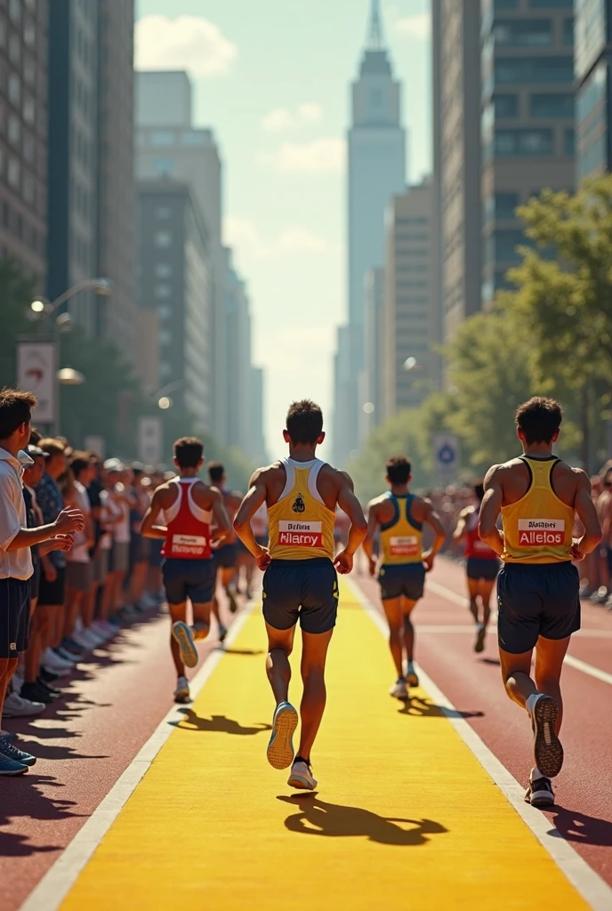A high-quality photo of a large group of Brazilian people running in a marathon during the daytime. The runners, wearing a variety of colorful athletic gear, are in mid-stride, with expressions of focus and determination. sunlight dapples the ground, creating dynamic shadows. The scene is lively with spectators cheering from the sidelines, and the overall atmosphere is energetic and celebratory. Text written on banner "1ª Corrida Metelurgica"