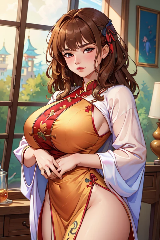 Red dress, space background, Chinese dress, brown hair, big breasts, big boobs, cleavage, revealing cleavage, showing off cleavage, head out of from, from above, hourglass figure