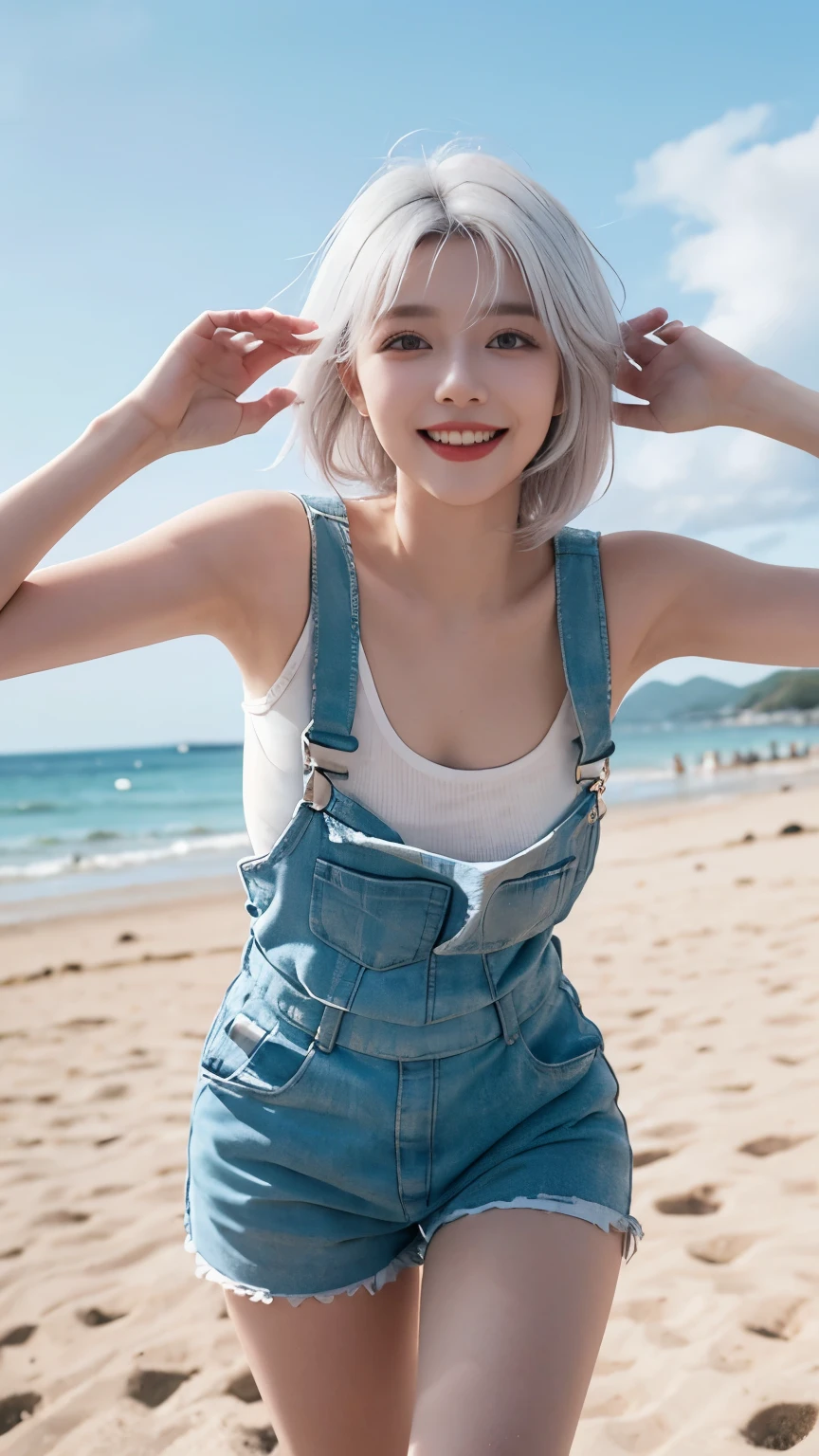 Best image quality、RAW Photos、超A high resolution、21 years old Korean、Small breasts、Dynamic Angle、Cowboy Shot、Chaos in its most beautiful form、elegant、Brutalist Design、Vibrant colors、Beautiful white hair、Short Bob、smile、fun、smile、Glowing White Skin、Beautiful eyes with random colors、Very thin lips、Beautiful eyes in every detail、length, Narrow eyes、Cheeks are pale pink、length eyelashes、Beautiful double eyelids、eye shadow、Bright white hair、Overalls、A thin see-through jacket、Sandy Beach、null、Shooting from below at an angle、Low - Angle、The wind is blowing、Hair fluttering、Uplifting
