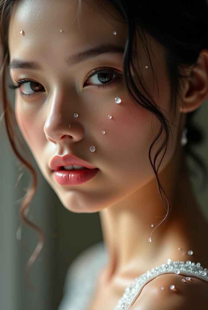 (Highest quality, 4K, 8k, High resolution, masterpiece:1.2), Very detailed, (Realistic, photoRealistic, photo-Realistic:1.37)、smile、Japanese、(Navy blue high neck sleeveless shirt)、(((Bukkake)))、Lips parted,