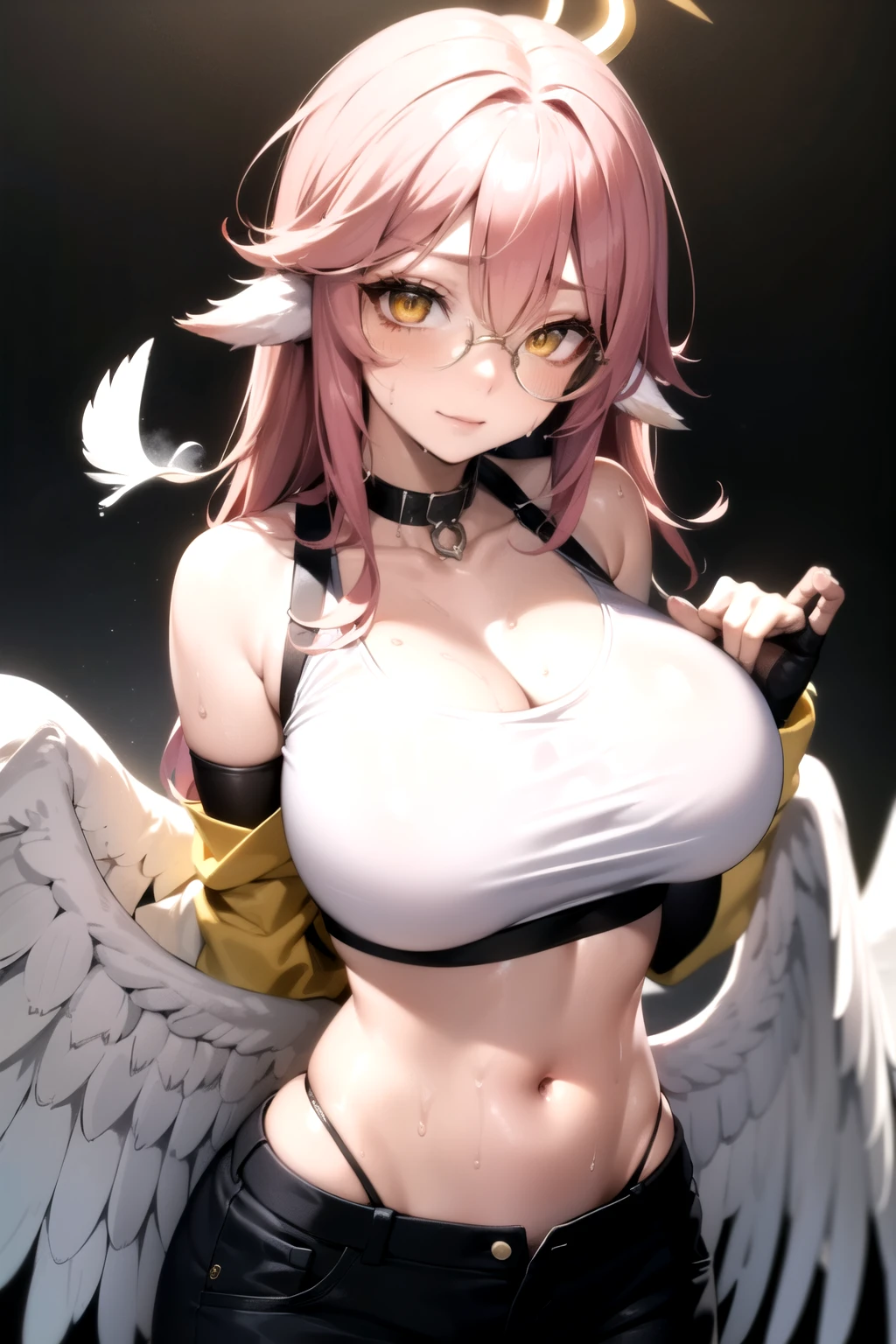 NSFW, weiblich, extremely beautiful, ((sexy)), black lingerie, Engel, ((blondes Haar)), ((angelic wings)), sexy body, BDSM, dominanter Blick, ((big boobs)), (strict), wicked:1.5 ((ponytail:1.5)), sadistisch, wicked:1.5, ((pink eyes)), ((dominant)), BDSM features, a bit angry, (gothic style) (RED HAIR) (PINK EYES)