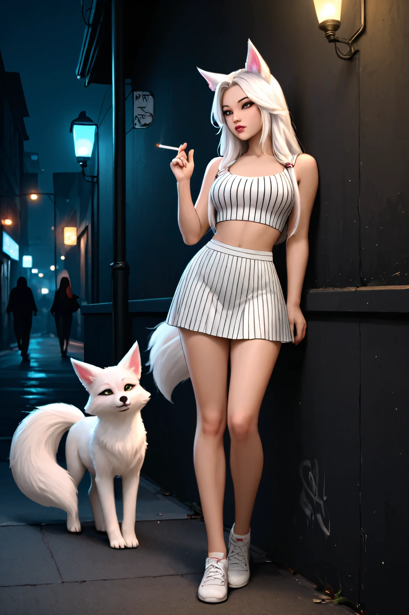Ahri from League of Legends, young girl, 9 white fox tails, white hair tied back, a black crop top, a white striped mini skirt underneath, street light, cigarette, cool, dark atmosphere, masterpiece, best quality, leaning on a street light, smoking, looking at a cigarette,