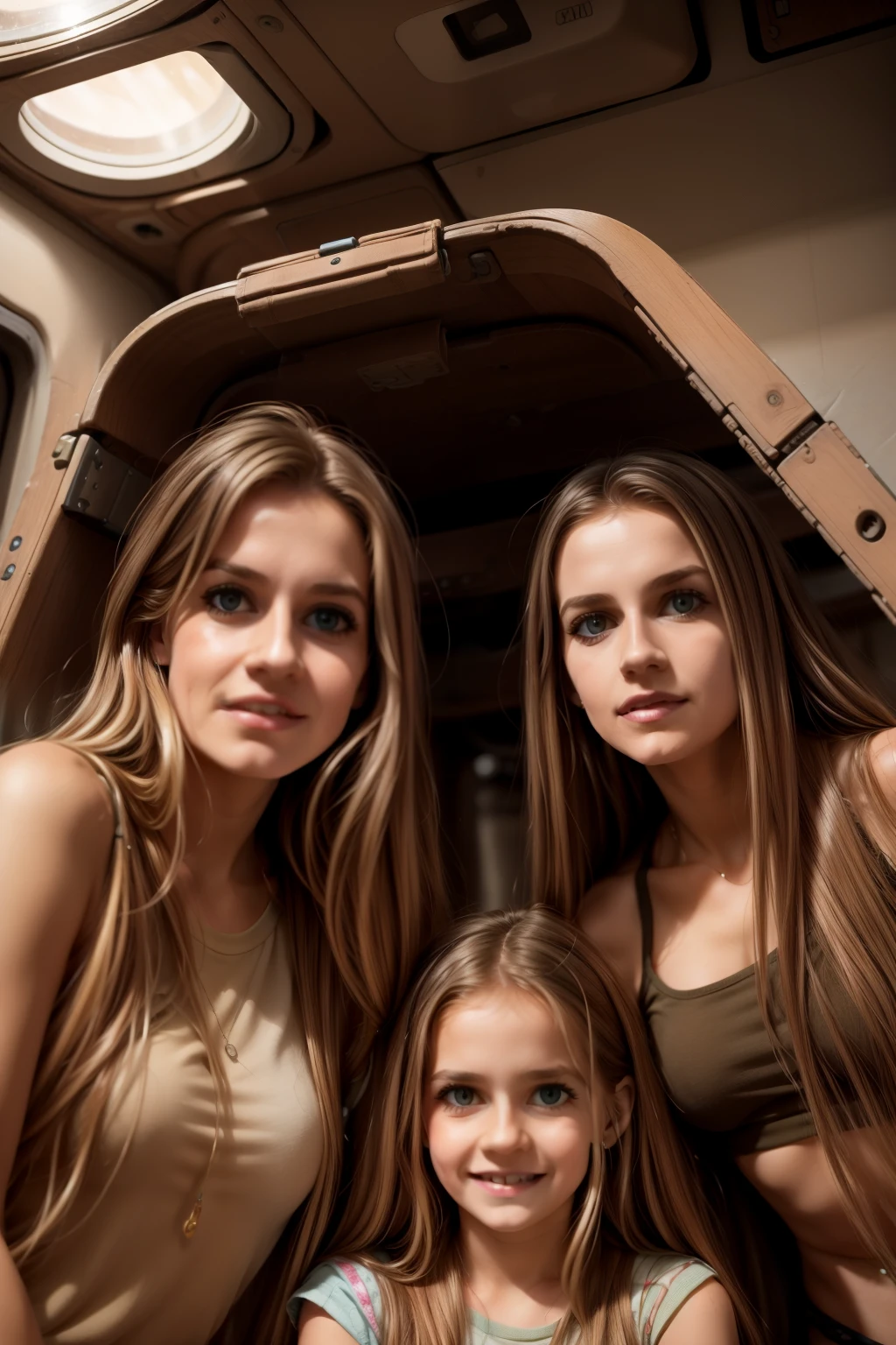 a mother with her daughters in a space station, a girl with long blond hair, a girl with long brown hair. Mom with long hair and dark green eyes