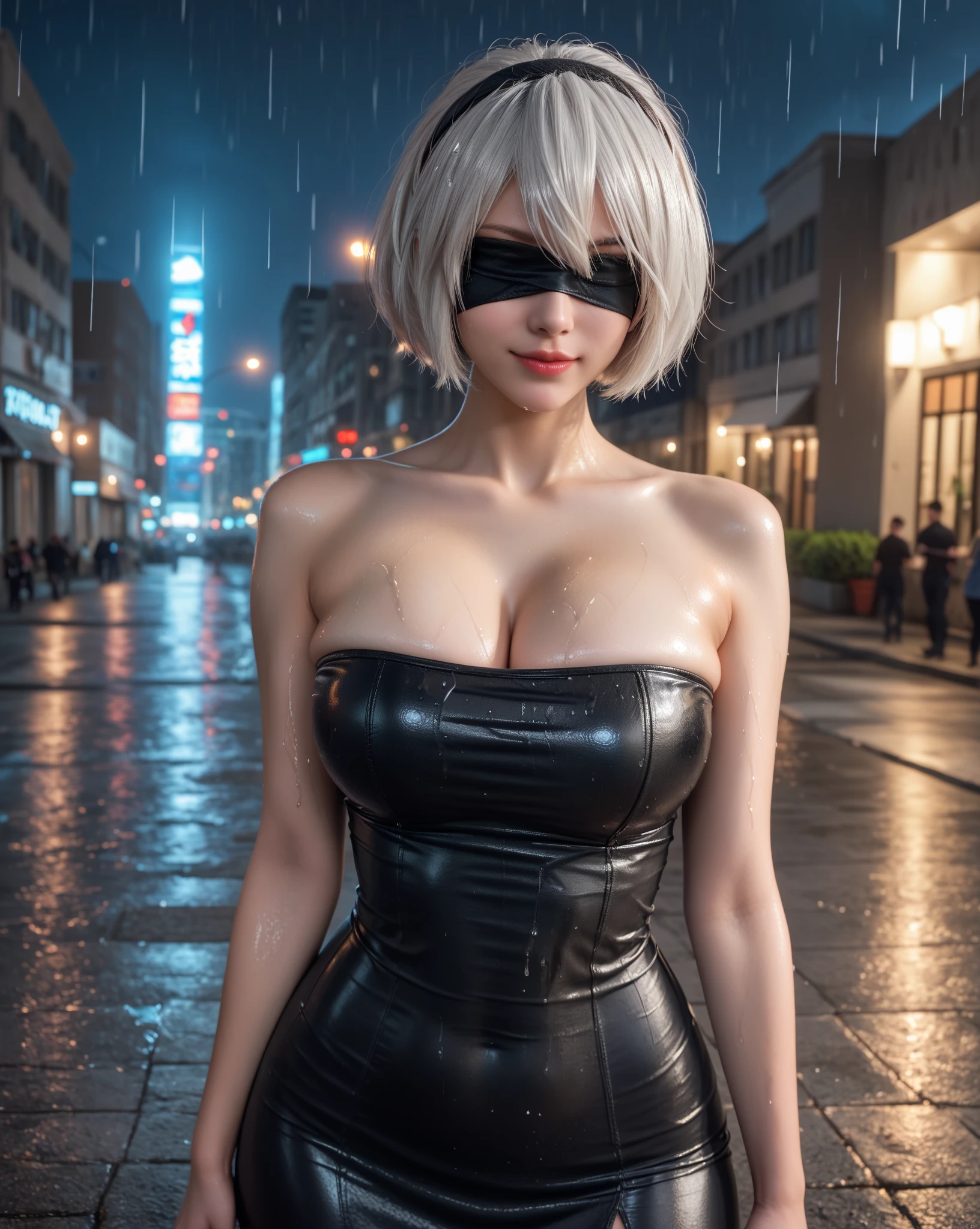 score_9, score_8_up, score_7_up,source_real, BREAK ultra HD quality details, sun, lens flare, background light, holy light, 1girl, 2b \(nier:automata\), solo, breasts, short hair, dress, bare shoulders, (gigantic breasts:1.7), closed mouth, upper body, white hair, hairband, sleeveless, mole, blurry, black dress, lips, wet, depth of field, blurry background, turtleneck, black hairband, wet clothes, mole under mouth, facing viewer, rain, blindfold, wet hair, covered eyes, black blindfold, street, city, people, <lora:perky-breasts-ponyxl-lora-nochekaiser:1>, perky breasts, round breasts
