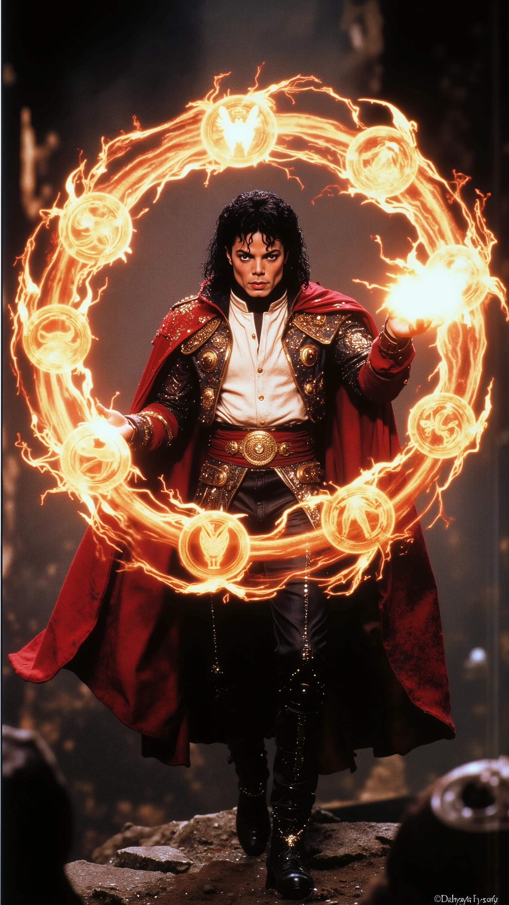 Michael Jackson as Doctor Strange, floating in the air, casting a powerful spell with glowing, crackling magical energy swirling around him, wearing the Cloak of Levitation, mystical symbols in the air, dramatic lighting, 80s VHS aesthetics, soft glow, analog distortion, scanlines, warm lighting, chromatic aberration, subtle film grain, retro color grading, low-resolution texture, timestamp in the corner, old DVD screengrab from a fantasy action film
