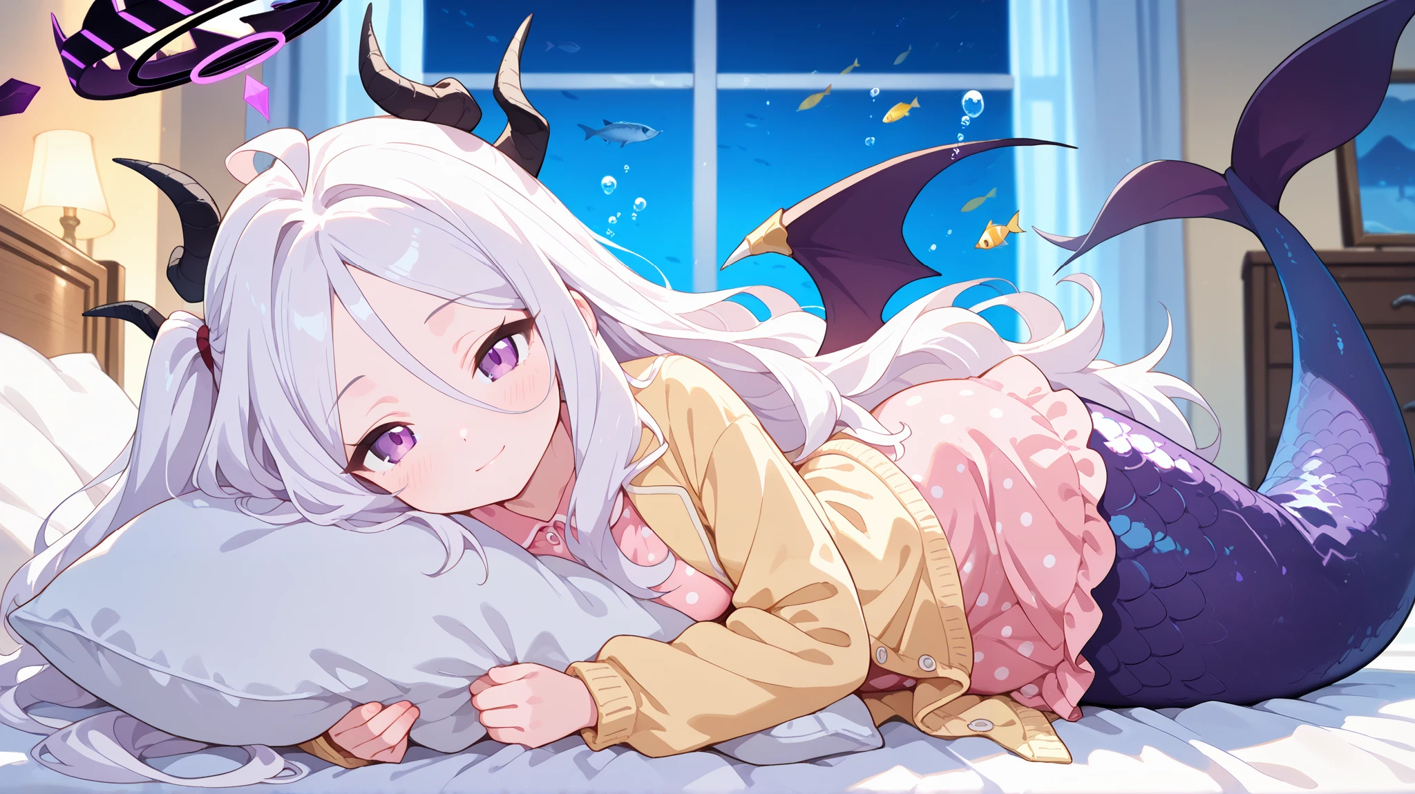 8K, best quality, hina (blue archive),blue archive,window, ((mermaid, purple scales, happy, light smile, looking at viewer), laying, on bed, hugging pillow, sleepy, bed sheet, pillow, underwater, bubbles, fish, 1girl, long hair, purple eyes, ahoge, blush, parted bangs, white hair, hair between eyes, sidelocks, grey hair, very long hair, one side up, wavy hair, breasts, polka dot, dress, long sleeves, polka dot dress, pajamas, jacket, cardigan, collared dress, pink dress, coat, bedroom, demon girl, demon wings, solo, official alternate costume, open clothes, horns, halo, demon horns, yellow cardigan, indoors, night, open cardigan, multiple horns, pink pajamas, yellow coat, yellow jacket, blurry foreground, rating:safe, best quality, masterpiece,staekinglight, pcpcpc,(Pastel color)