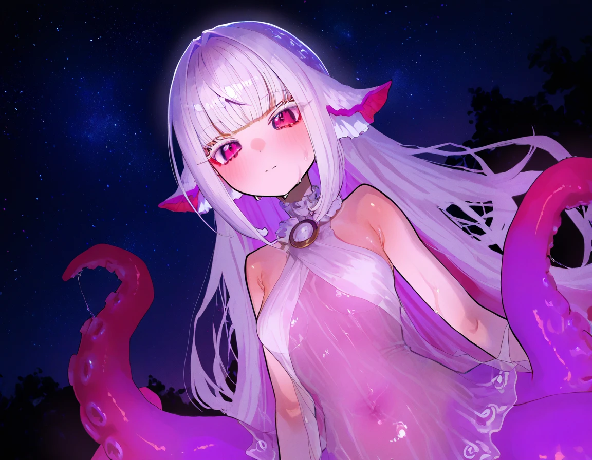 5 year old girl with white hair who blends into her tentacles。5 year old girl with white hair, I got naked,Show off your breasts。A man is holding a white-haired girl,A man's genitals are inserted into the lower body of a girl ,The girl began to suck the man's semen with her tentacles。I smiled happily,Blushing,Both eyes are red
