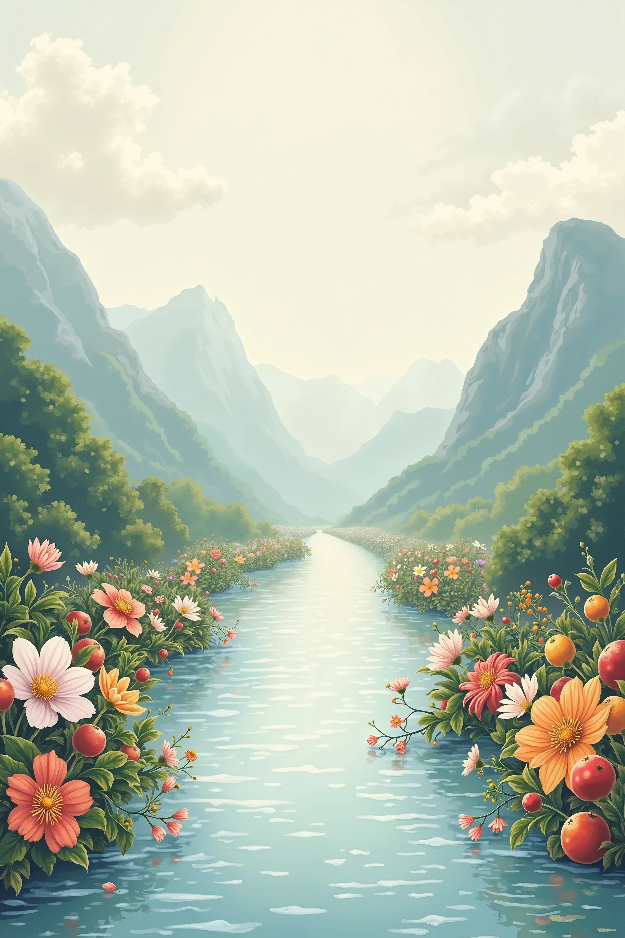 Painting of a river with flowers and mountains in the background ...