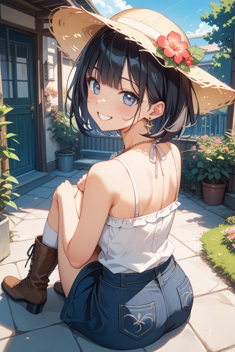 ((Highest quality)), ((masterpiece)), (detailed), (One girl),((Japanese)),10 years old, Black Hair,(Childish face), (Bob Hair), Girl ,Medium Breasts , ((Blue eyes)),shy-smile , ((Naked)),((topless)), Sunlight , Overalls ,((upper body)) ,Plateau, lake, Straw hat,
