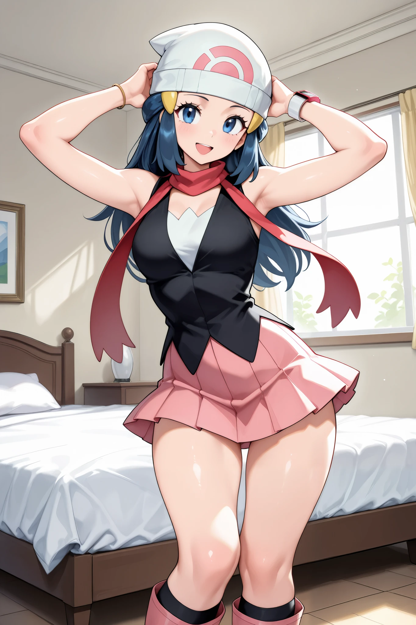 1 girl, solo, female only,
(Dawn\(pokemon\), pokemon character,)
long hair, dark blue hair, sidelocks,
hair ornament,
blue eyes,
Dawn\(pokemon\) outfit,
beanie, white headwear, hat,
scraf, red scarf,
shirt, bare shoulders, black shirt,
white undershirt,
pleated skirt, pink skirt,
black socks, kneehighs socks,
boots, pink boots,
bracelet,
bedroom, girl bedroom, happy, horny,
highres, high detail, very detailed, detailxl, source_anime, masterpiece, best quality, beautiful anime girl, big eyes, gorgeous anime girl, vivid colors, IllusP0s, PonyScores, smooth skin, thin legs, thin waist, mature female,
