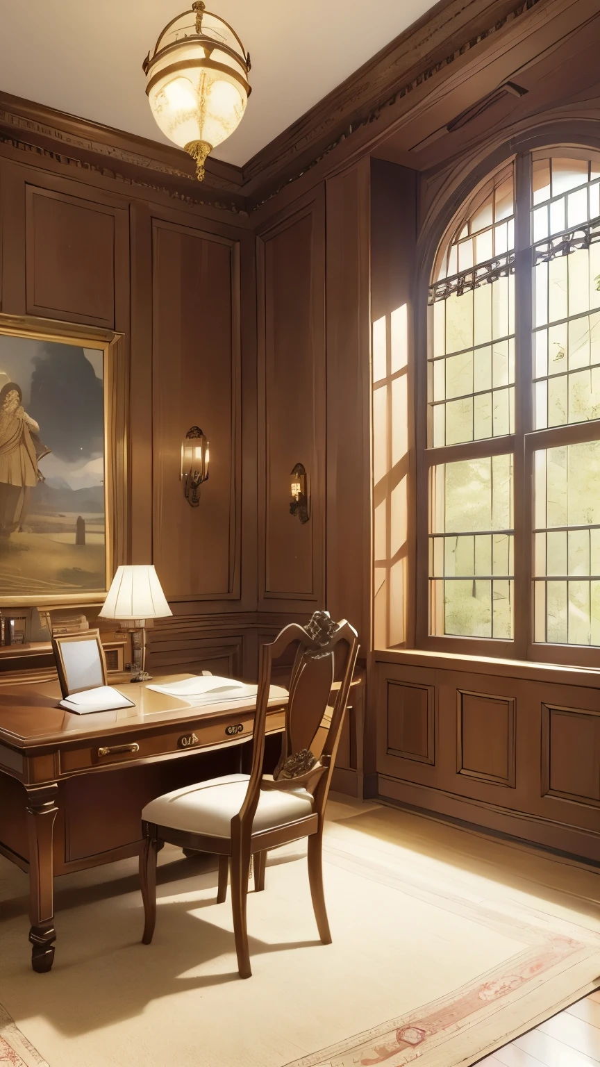 A warm glow permeates the cozy study, golden light spilling from the corners of the richly upholstered armchair and the ornate wooden desk, as if the very walls are radiating a sense of comfort and tranquility.