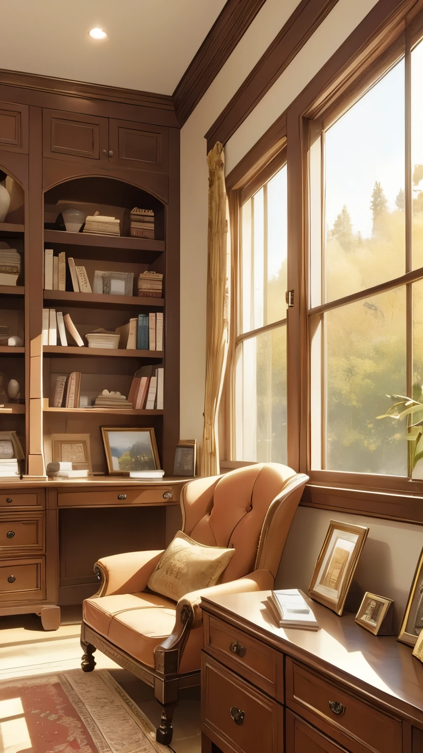 A warm glow permeates the cozy study, golden light spilling from the corners of the richly upholstered armchair and the ornate wooden desk, as if the very walls are radiating a sense of comfort and tranquility.