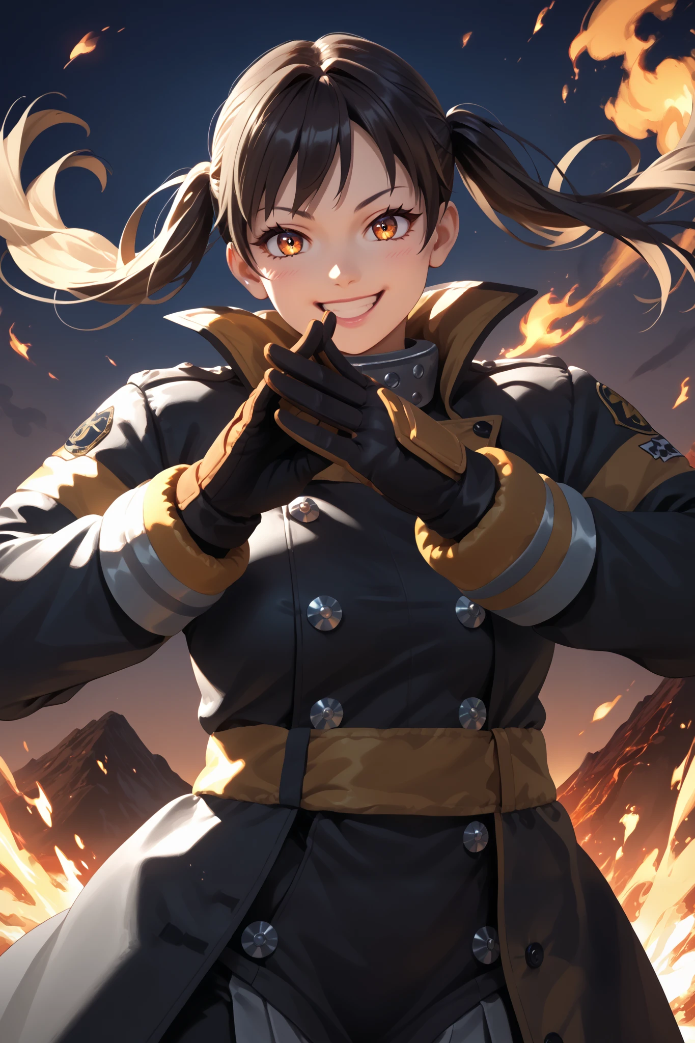 masterpiece, beautiful, ultra-detailed, detailed face, 4k, hd, perfect lighting, best quality, score_9, score_8_up, score_7_up, 2d art, perfect hands, perfect eyes
((cowboy shot))
tamaki kotatsu, twintails, coat, long sleeves, ((gloves completely covering fingers))
1girl, fighting pose, happy, smile, ((adult)), 30yo, ((mature woman)), small breast
fire, daylight, volcano
realism, detailed, skin texture style
