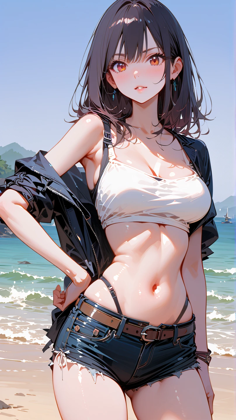 an asian woman with big breasts in denim shorts and bikini top, 1 girl, chest, alone, shorts, belly button, 大きなchest, denim, denimshorts, cleavage, brown hair, short shorts, long hair, realistic, smile, looking at the viewer
