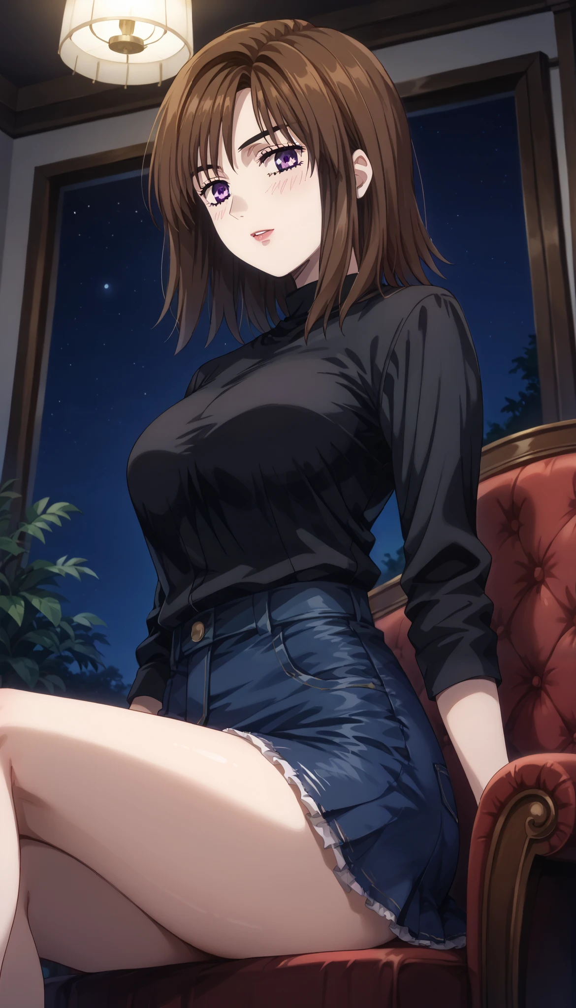 kyoko iwase (Initial D) 、 black shirt 、denim tight skirt 、thighs、chairs、low angle、night、brown hair、medium hair、Ulchan-6500-v1.1, ( RAW photos :1.2),  beautiful detailed , very detailedな目 美しい目, beautiful eyes、Purple Eyes、 large file size, high definition, very detailed, top quality, [masterpiece:1.6], Awareness-raising, very detailed, CG, finely, top quality, 8K wallpaper,  Perfect Body 、dynamic、very detailed