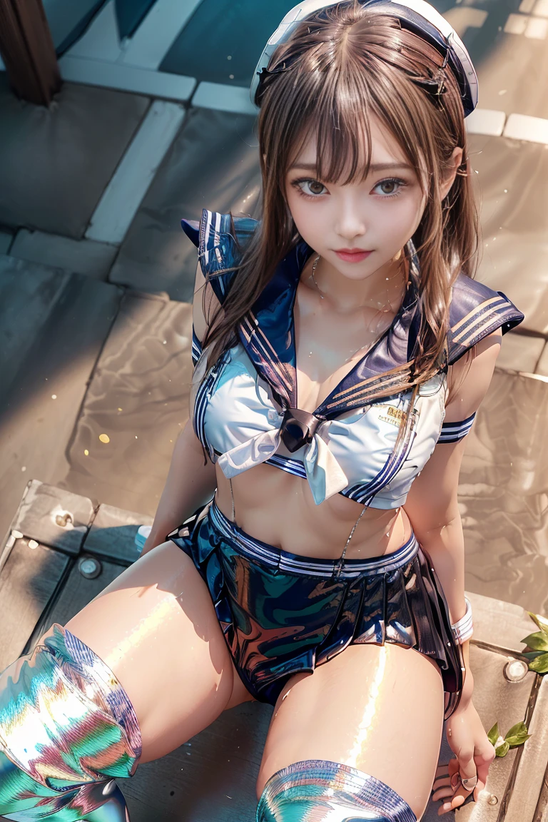 (masterpiece:1.3, Highest quality, Ultra-high resolution, Super detailed), (Realistic, photoRealistic:1.4), Perfect lighting, Natural light, colorful, Depth of written boundary, Browsing Caution, Surrealism, Front view,Beautiful detailed hair, Beautifully detailed face, Beautiful fine details, Beautiful clavicle, Beautiful body, thin脚,Beautiful feet, Beautiful breasts,Cleavage,Beautiful Hands, thin, 1 girl, Perfect Face, Hair between the eyes, blue eyes, Long eyelashes,Perfect Anatomy, Supermodel with a long neck,((Skinny1.2)),looking at the camera,(Perfect Anatomy,Highly detailed skin), Shiny skin,((beautiful girl:1.1)),(( large breasts:1.6)), (((Surprised:1.3)),(Mid-length hair:1.4, Wavy Hair:1.2, Black Hair) ,hair over one eye, Dainty facial structure,photo shoot, Sharp focus, Face Light,((Micro Bikini、Sailor swimsuit、Sailor collar:1.4)),((sideboob:1.3)), ((wind effect)),((On all fours:1.1)),((from below:1.2)),A luxurious pool on the roof of a high-rise hotel,With a spectacular city view in the background、I see blue skies and white clouds,The pool water is clear、It reflects the sunlight and shines brightly,Front view,