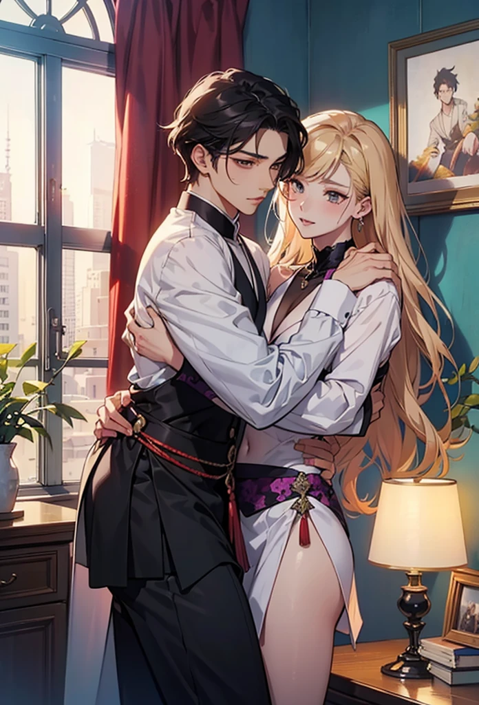 tall man with yellow eyes, blonde hair and yellow eyes、Has a sharp gaze, His eyes were glowing yellow., a handsome guy, Beautiful shape、Blonde Short Hair、length bodyModeled、Best Style、Full Body Lesbianエスビアン、（Enriching the image、highest level of quality）美right8K CGartwork、Goddess-like posture、Kneeling exercise、Slim and soft、Clear skin、Pink Hair、Super long hair beauty、Super long straight hair，The skin is white and juicy,,，Big Lingerie，Outlook Part 1.Silhouette effect is doubled，Exquisite transparent blues pattern on pajamas，細部は複雑でExquisite，Attractive and greedy spread legs、Perfect body slim curve、Embrace、Kiss cutely, Happy!!!, Couple pose, Accurate depiction、blond man with golden eyes、Pink Hairとピンクの目をした女性,High resolution,Super detailed,(Sharpness, something lively, colorful:1.1) Open your lips, (elegant, Elegance) Hairstyle, (美right, Zola々right) exterior, (Deluxe, Exquisite) Fittings, (Sparkling, Sparkling) （大きなShine目）, (Shine, burn) (nice) nature, (Mysterious, Mysterious) About the Floor Plan, (Perfect perfection, Perfect pubis) (Individuality, clear) artwork, (masterpiece:1.2), (18-year-old) One Girl (服は美rightです, Exquisite Floral Lace Embroidered Evening Gown).Tall anime guy with yellow eyes, blonde hair and yellow eyes、Has a sharp gaze, His eyes were glowing yellow., a handsome guy, Beautiful shape、length body、Modeled、Best Style、Full Body Lesbianエスビアン、Princess Carrie、Princess Carrie, Full Body Lesbian, See-through sexy lingerie, Sheer Lingerie、Sheer Lingerie、Big nipples、Pink nipples、Pink areola、length, Large Breasts, Tabletop, Highest quality, Very detailed、Princess Carrie,One girl, One boy,