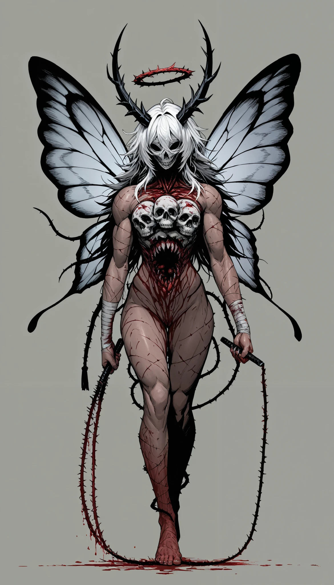 (masterpiece, best quality), best score , amazing quality, very aesthetic, highres, newer, 8K, HIGH CONTRAST,deep scars, cocoon on the back,butterfly wings , skull split in half, muscular arms,abomination, muscle, whip with spikes, bloody chains, armado, demonic halo, piel blanca, eratic fingers, ritual marks, harpoon , bandages with blood, floating mask, white hair, feet with nails, horn,legs stuck in the ground, empty eyes, circles made with blood, sharp teeth,scales,thorns