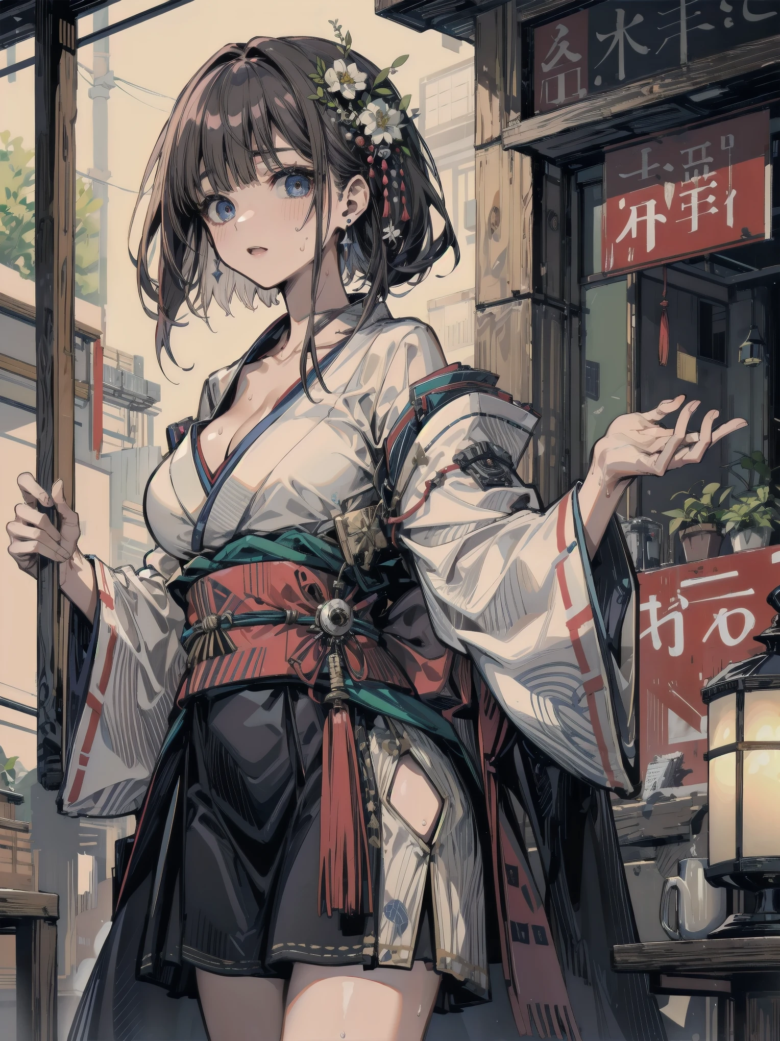 earring, big breasts, medium short hair, black hair, sexy, erotic, seductive, Sensual, adult body, sweat, cowboy shot, Japanese horror, blunt bangs, hollow eyes, white kimono,
