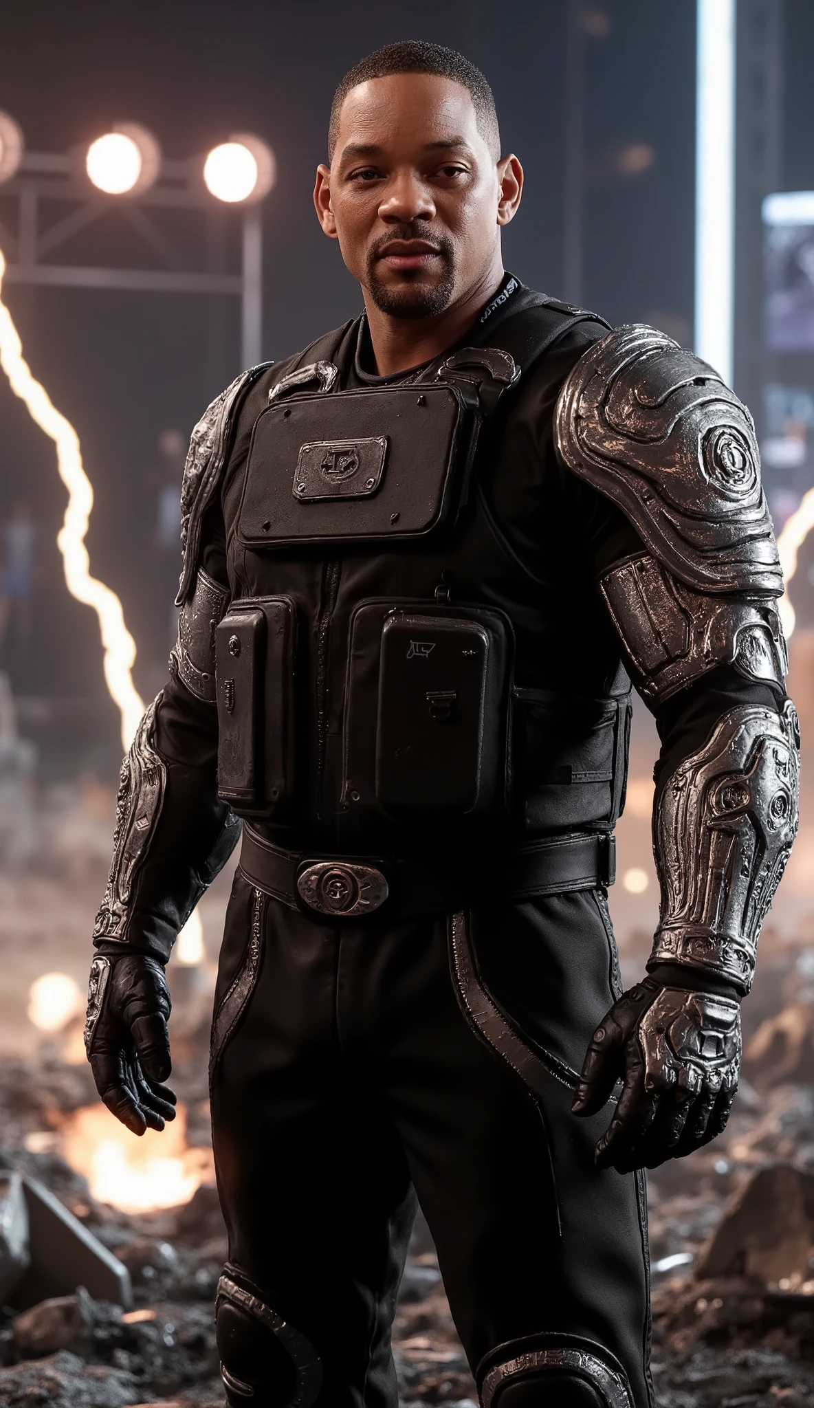 super realistic image , with a brilliant and detailed look, focus on the upper body: "Hyper-realistic and humanized close-up of Samuel L. Jackson as Jax with forearms of super bright adamantium would be an absolutely imposing and lethal sight! Imagine Samuel L. Jackson uses his firm and unwavering gaze, wearing a reinforced black military suit, adjusted to his imposing physical structure. His tactical vest bears battle marks, but his absolute highlight are the **metallic adamantium forearms**, shining with an almost mirrored silver reflection, radiating devastating energy. The metal plates have subtle, details such as small inscriptions and embedded circuits, indicating advanced technology. He positions himself ready for combat, each movement of his arms producing a powerful metallic sound, as if the very strength of the Earth was compressed in his blows. With a confident smile and his deep and striking voice, he stares at his opponent and says: The setting could be a futuristic arena filled with metallic debris, reflecting the intense light of explosions and electrical bolts in the background. When Jax—played by Samuel L. Jackson—plays his role **fatality**, he hits the ground hard, , creating a shockwave that sweeps the ground and pulverizes the enemy in a shower of shiny debris.  if you want  ,  I can create an image bringing that epic vision to life  ! Greg Rutkowski. dramatic lighting. 8k. 8k, ultra detailed, rendered in octane . ultra-detailed textures, cinematic lighting, resolução 8k, photorealism and dramatic atmosphere." 8k,  details rendered on Unreal Engine 5 .
