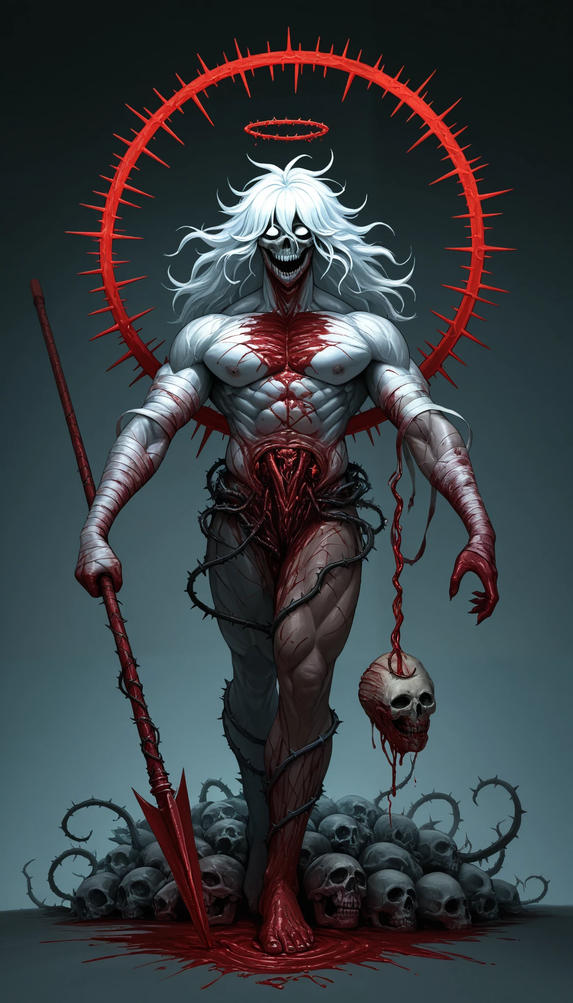 ,deep scars, cocoon on the back,butterfly wings , skull split in half, muscular arms,abomination, muscle, whip with spikes, bloody chains, armado, demonic halo, piel blanca, eratic fingers, ritual marks, harpoon , bandages with blood, floating mask, white hair, feet with nails, horn,legs stuck in the ground, empty eyes, circles made with blood, sharp teeth,scales,thorns