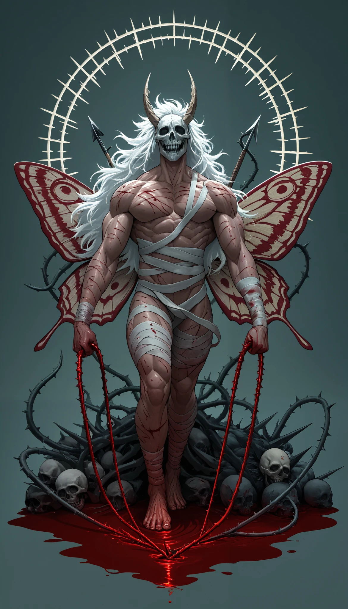 ,deep scars, cocoon on the back,butterfly wings , skull split in half, muscular arms,abomination, muscle, whip with spikes, bloody chains, armado, demonic halo, piel blanca, eratic fingers, ritual marks, harpoon , bandages with blood, floating mask, white hair, feet with nails, horn,legs stuck in the ground, empty eyes, circles made with blood, sharp teeth,scales,thorns
