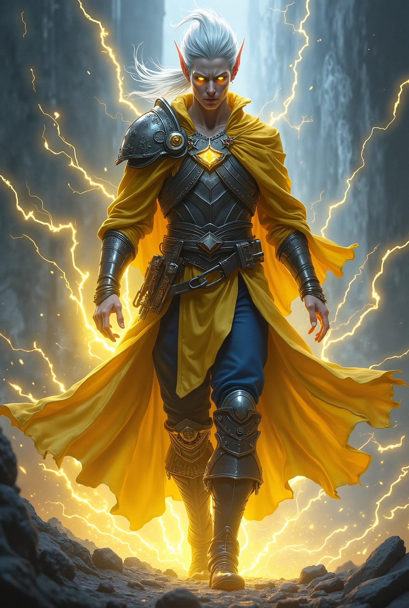 A typical elf, he has silver or electric yellow hair that glows faintly in the light, and vibrant eyes of lightning yellow or bright gold, pulsing with energy. His skin can be pale with blue or gray highlights like storm clouds, often marked by luminous veins that resemble cracks of thunder. His body radiates an electric aura, causing the air around him to crackle with tiny sparks, and when he moves, his extreme speed leaves fleeting trails of yellow light. His voice has a resonant, charged tone, like the distant echo of thunder. He has a thin but well-defined body. He wears light armor and robes adorned with conductive metals, often studded with pulsating runes, channeling his electricity into lightning. Beneath the armor are a shirt and pants made of tough medieval-looking cloth, usually a mix of yellow and silver or blue and silver. Very sturdy leather boots