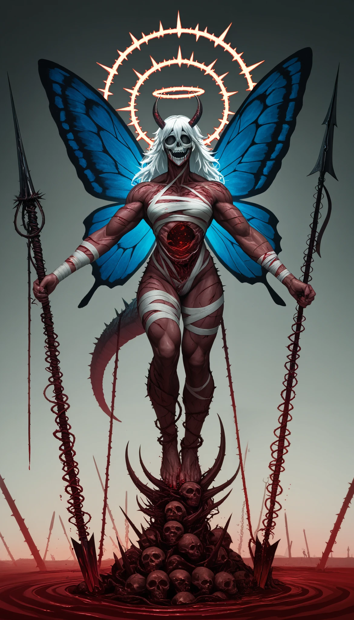 deep scars, cocoon on the back,butterfly wings , skull split in half, muscular arms,abomination,  muscle, whip with spikes, bloody chains, armado, demonic halo, piel blanca, eratic fingers, ritual marks,  harpoon  , bandages with blood, floating mask, white hair, feet with nails, horn,legs stuck in the ground, empty eyes, circles made with blood, sharp teeth,scales,thorns,Tower in Hell,Inverted Curses