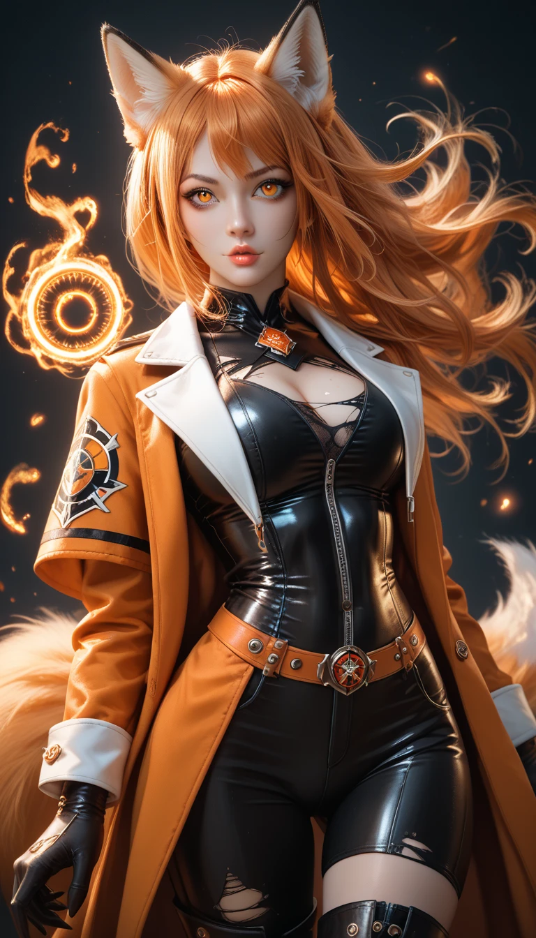 fox, (monster girl), orange fur, light-yellow fluffy hair, light-yellow fluffy chest fur, light-yellow super fluffy tail, blue eyes, long orange ears, wearing casual clothing, standing in a firestorm, masterpiece, best quality