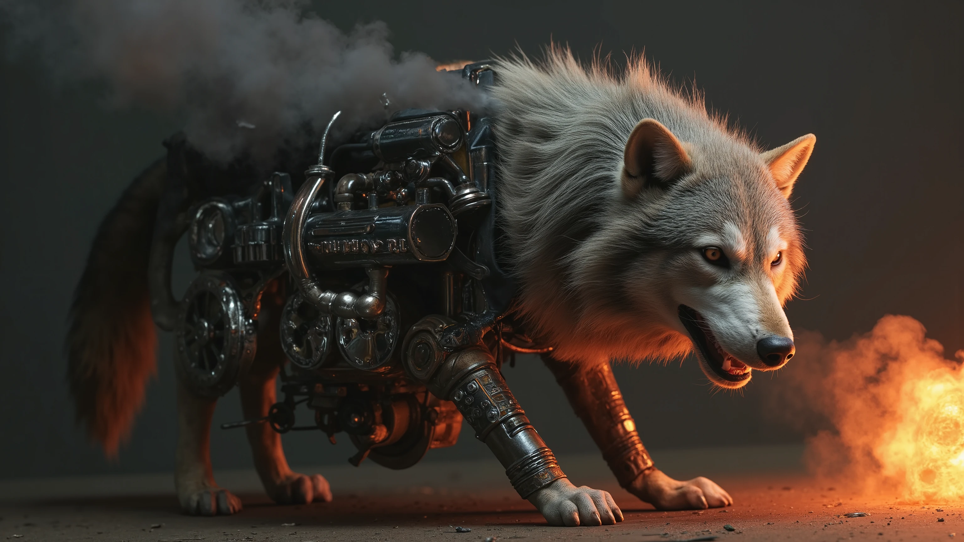 The image features a surreal fusion of a wild creature, combining the fierce head and front legs of a gas-powered running wolf with the robust back legs of a mechanical contraption. The wolf's fierce gaze is accentuated by the glint of metal, while its muscular front legs are poised in a dynamic stance, ready to spring into action. The rear is dominated by a bulky, four-stroke big leaf blower engine, intricately detailed with bolts and pipes, belching thick clouds of black diesel smoke. Flames erupt from the exhaust, casting an eerie glow that contrasts with the creature's wild essence. The composition is dramatic, framed against a darkened, moody background that highlights the mechanical elements and the raw power of the creature, invoking a sense of chaos and energy in a steampunk-inspired genre. The lighting is harsh, emphasising the smoke and flames, creating a striking visual tension between the organic and the mechanical.