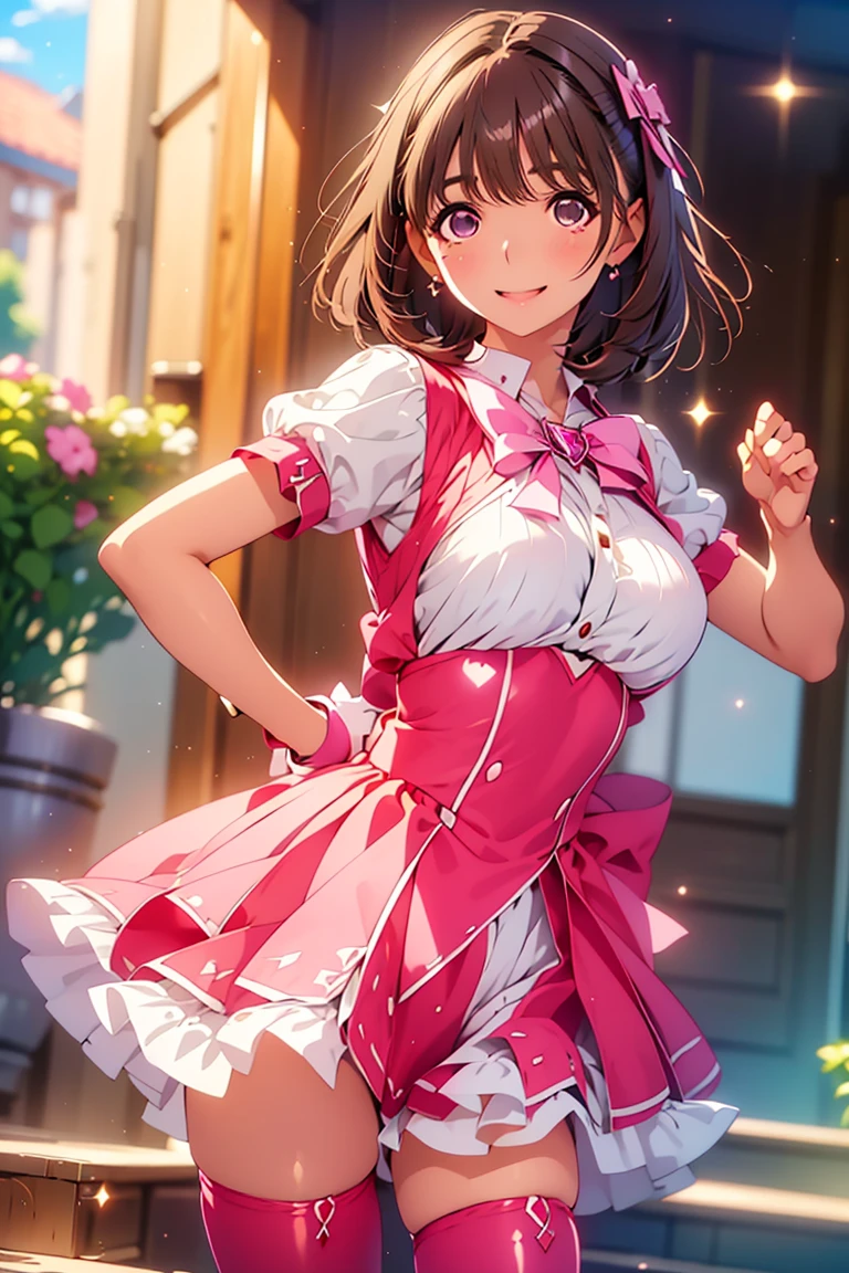 (((anime-style cute face))), ((Brown skin)), ((((Exposed pink maid outfit)))), Highest quality, (Sharp details), 8k, ((The super frilly mini skirt is pink)), (looking at the camera),Small Breasts、valley、Nipples、Height: 160 cm、Embarrassed face、Big eyes、Anatomically correct body、Big thighs、slightly muscular、Black hair twin tails、Light from the front、Cute dance、(((1 unit 1000ccPhotographed with off-road bikes)))、Low-class event hall