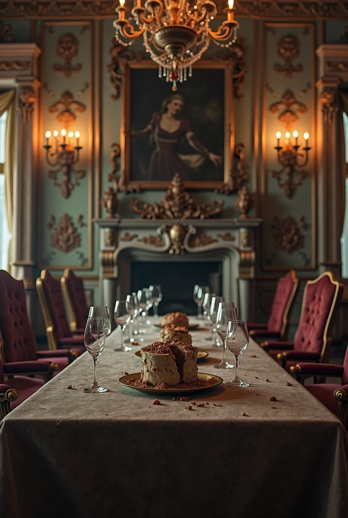 Large food room that looks old and expensive, with dark aesthetics, little lighting and dark-colored food. the gloomy aesthetic and well-decorated gloomy