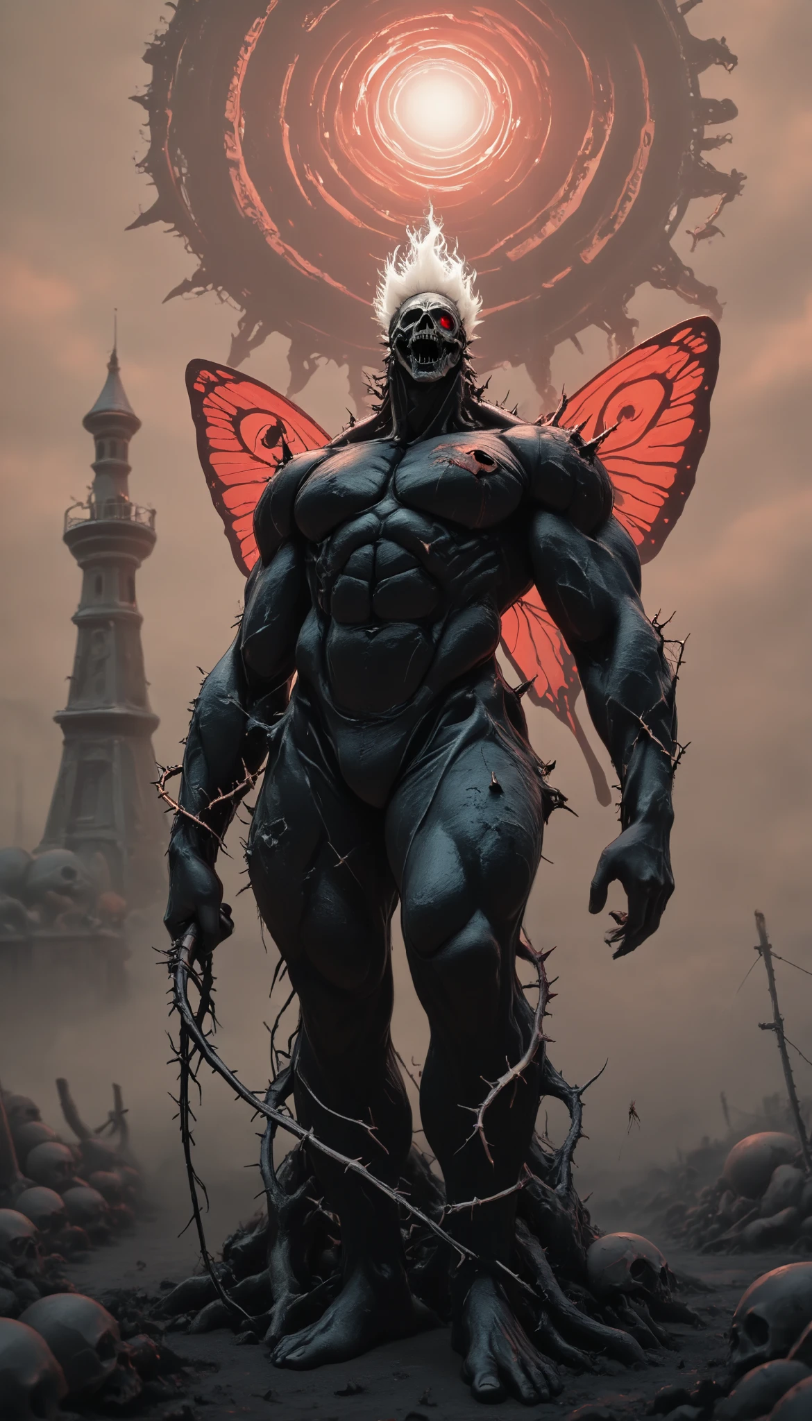 (masterpiece, best quality), best score , amazing quality, very aesthetic, highres, newer, 8K, HIGH CONTRAST,deep scars, cocoon on the back,butterfly wings , skull split in half, muscular arms,abomination, muscle, whip with spikes, bloody chains, armado, demonic halo, piel blanca, eratic fingers, ritual marks, harpoon , bandages with blood, floating mask, white hair, feet with nails, horn,legs stuck in the ground, empty eyes, circles made with blood, sharp teeth,scales,thorns, Tower in Hell,Inverted Curses,(White-haired moth queen)