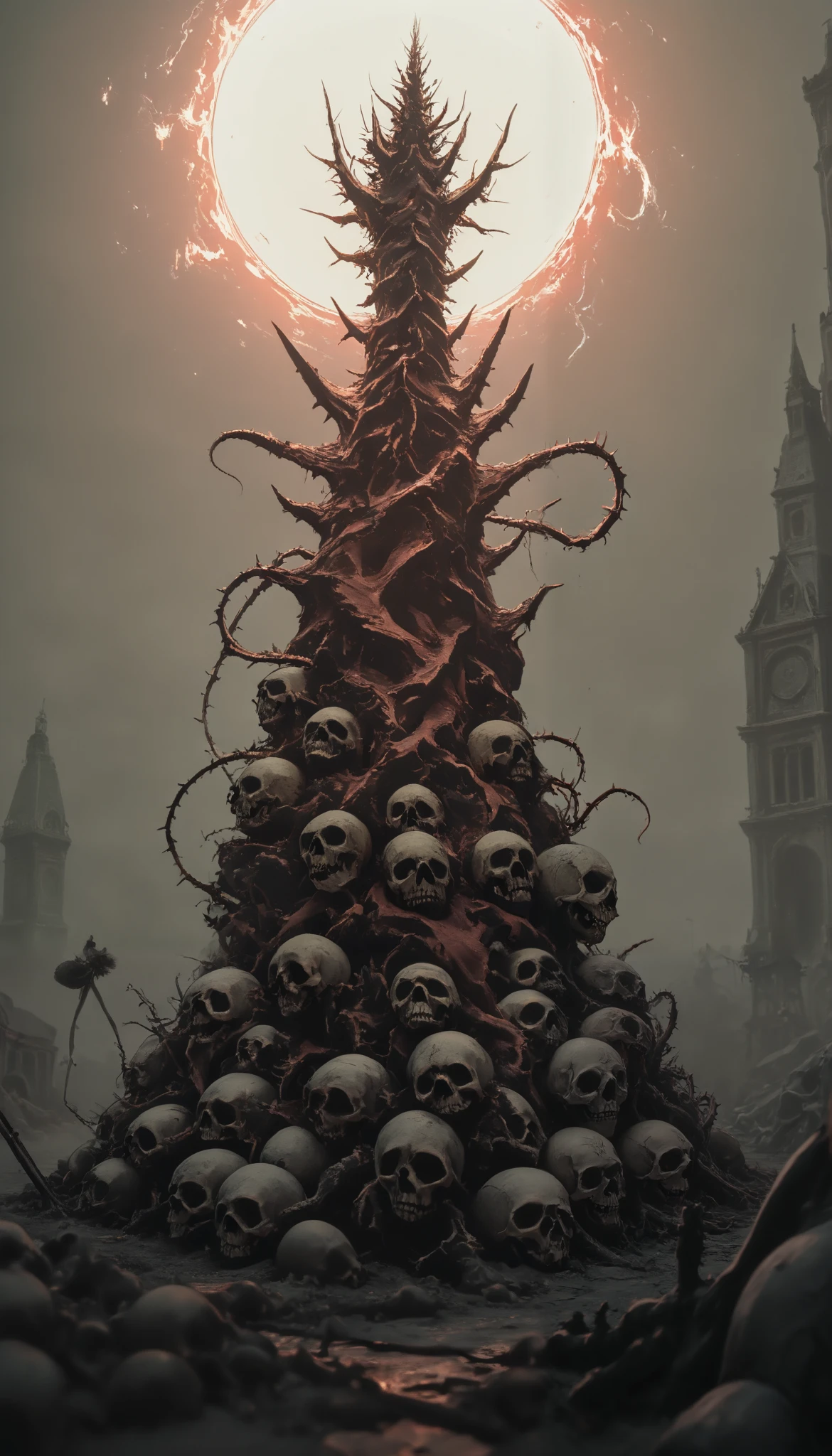(masterpiece, best quality), best score , amazing quality, very aesthetic, highres, newer, 8K, HIGH CONTRAST,deep scars, cocoon on the back,butterfly wings , skull split in half, muscular arms,abomination,  muscle, whip with spikes, bloody chains, armado, demonic halo, piel blanca, eratic fingers, ritual marks,  harpoon  , bandages with blood, floating mask, white hair, feet with nails, horn,legs stuck in the ground, empty eyes, circles made with blood, sharp teeth,scales,thorns, Tower in Hell,Inverted Curses,(White-haired moth queen)