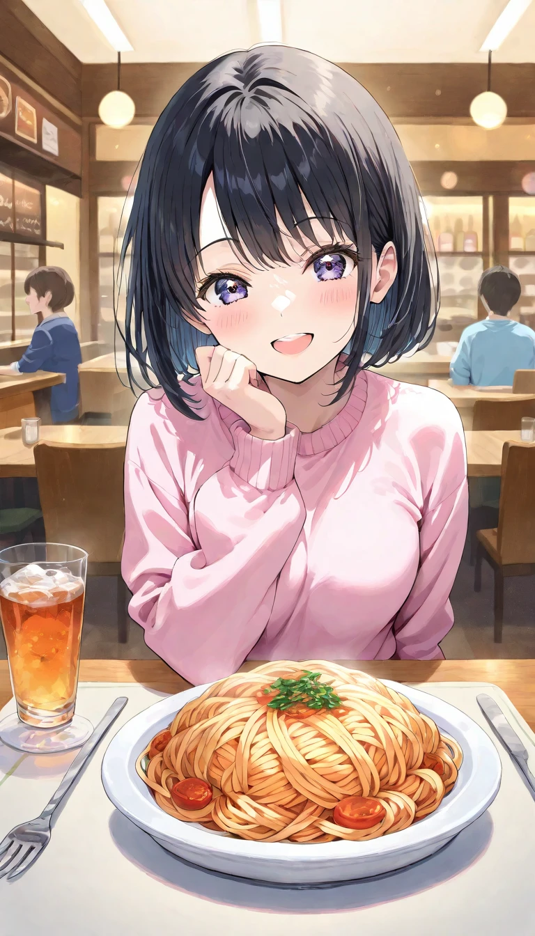 Highest quality, High resolution, 1.female, bento cute pink polo shirt short hair, Black Hair, table chair, Sitting, Focus on the chest Perfect chopsticks Large amount of Male genit