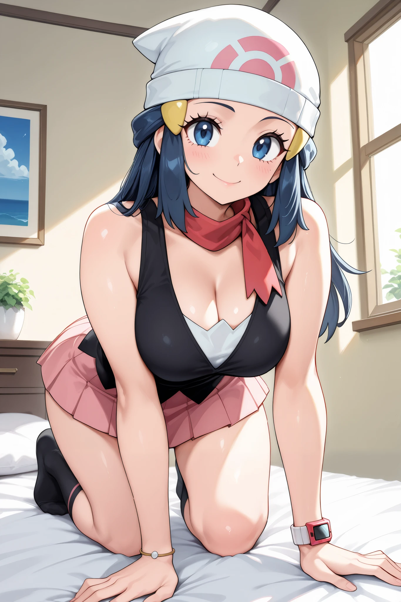 1 girl, solo, female only, SFW,
(Dawn\(pokemon\), pokemon character,)
long hair, dark blue hair, sidelocks,
hair ornament,
blue eyes,
Dawn\(pokemon\) outfit,
beanie, white headwear, hat,
scraf, red scarf,
shirt, bare shoulders, black shirt,
white undershirt,
pleated skirt, pink skirt,
black socks, kneehighs socks,
no shoes,
bracelet,
bedroom, girl bedroom, happy, horny,
highres, high detail, very detailed, detailxl, source_anime, masterpiece, best quality, beautiful anime girl, big eyes, gorgeous anime girl, vivid colors, IllusP0s, PonyScores, smooth skin, thin legs, thin waist, mature female,