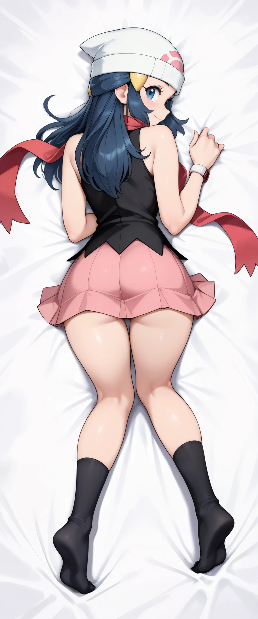 1 girl, solo, female only, SFW, 

	(Dawn\(pokemon\), pokemon character,)
long hair, dark blue hair, sidelocks,
hair ornament, 
blue eyes,

	Dawn\(pokemon\) outfit,
beanie, white headwear, hat, 
scraf, red scarf, 
shirt, bare shoulders, black shirt, 
white undershirt, 
pleated skirt, pink skirt, 
black socks, kneehighs socks,  
no shoes,  
bracelet,

dakimakura, happy, horny,

highres, high detail, very detailed, detailxl, source_anime, masterpiece, best quality, beautiful anime girl, big eyes, gorgeous anime girl, vivid colors, IllusP0s, PonyScores, smooth skin, thin legs, thin waist, mature female,
