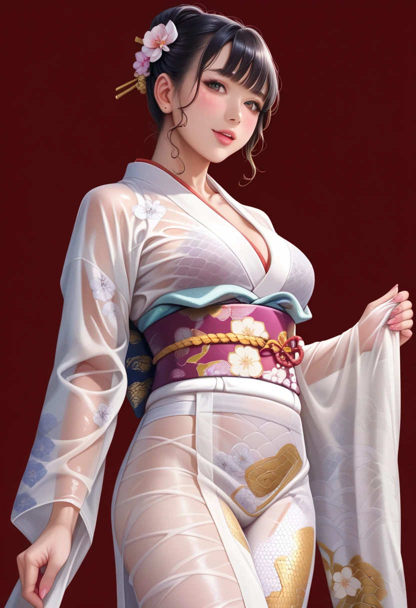 Anime woman in kimono dress standing in front of wall, alphonse mucha and rossdraws, oriental art nouveau, ross tran style, japanese art style, artgerm and atey ghailan, in the style of ross tran, inspired by Ross Tran, palatial palace , a girl in hanfu, Exquisite digital illustration, :: rossdraws, beautiful digital illustrations, Kimono Mucha style postcard