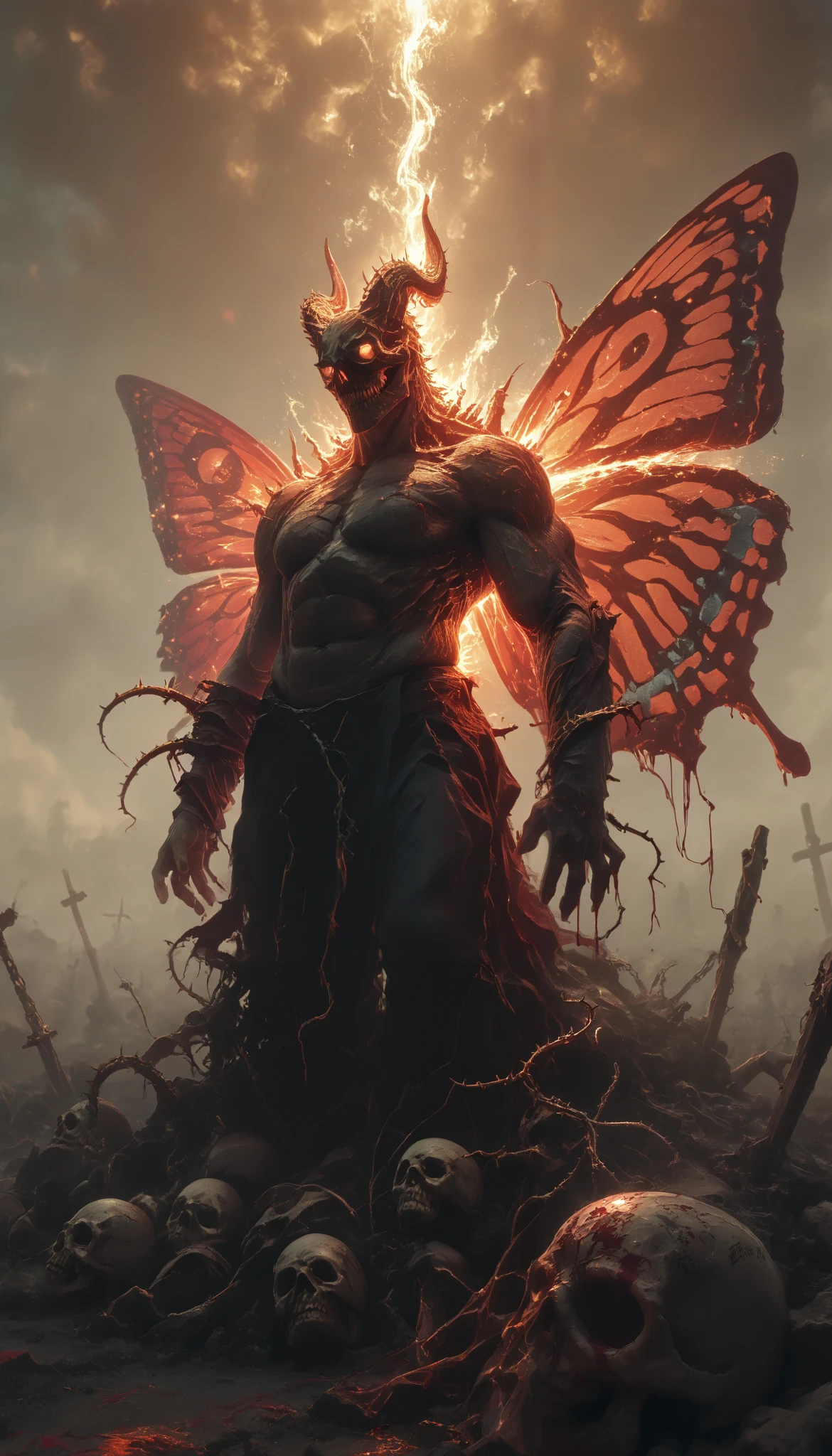(masterpiece, best quality), best score , amazing quality, very aesthetic, highres, newer, 8K, HIGH CONTRAST,deep scars, cocoon on the back,butterfly wings , skull split in half, muscular arms,abomination, muscle, whip with spikes, bloody chains, armado, demonic halo, piel blanca, eratic fingers, ritual marks, harpoon , bandages with blood, floating mask, white hair, feet with nails, horn,legs stuck in the ground, empty eyes, circles made with blood, sharp teeth,scales,thorns