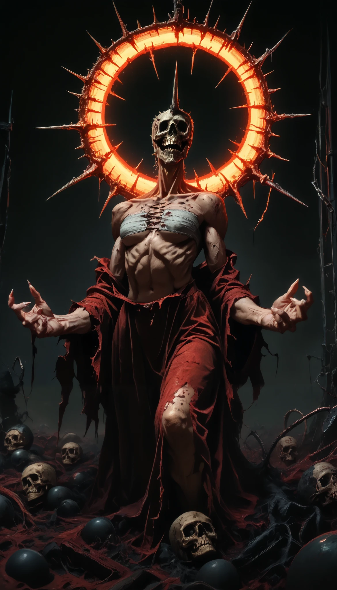 (masterpiece, best quality), best score , amazing quality, very aesthetic, highres, newer, 8K, HIGH CONTRAST,deep scars, cocoon on the back,butterfly wings , skull split in half, muscular arms,abomination, muscle, whip with spikes, bloody chains, armado, demonic halo, piel blanca, eratic fingers, ritual marks, harpoon , bandages with blood, floating mask, white hair, feet with nails, horn,legs stuck in the ground, empty eyes, circles made with blood, sharp teeth,scales,thorns, knee-length blouse
