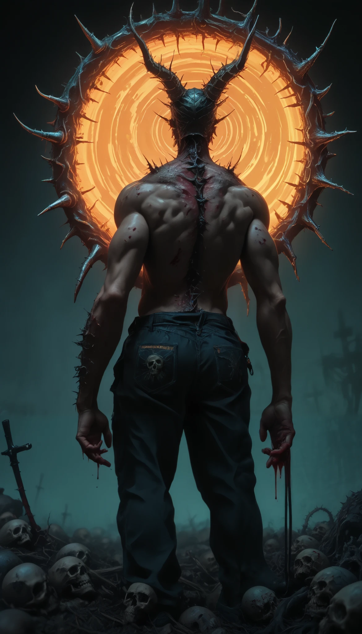 (masterpiece, best quality), best score , amazing quality, very aesthetic, highres, newer, 8K, HIGH CONTRAST,deep scars, cocoon on the back,butterfly wings , skull split in half, muscular arms,abomination, muscle, whip with spikes, bloody chains, armado, demonic halo, piel blanca, eratic fingers, ritual marks, harpoon , bandages with blood, floating mask, white hair, feet with nails, horn,legs stuck in the ground, empty eyes, circles made with blood, sharp teeth,scales,thorns