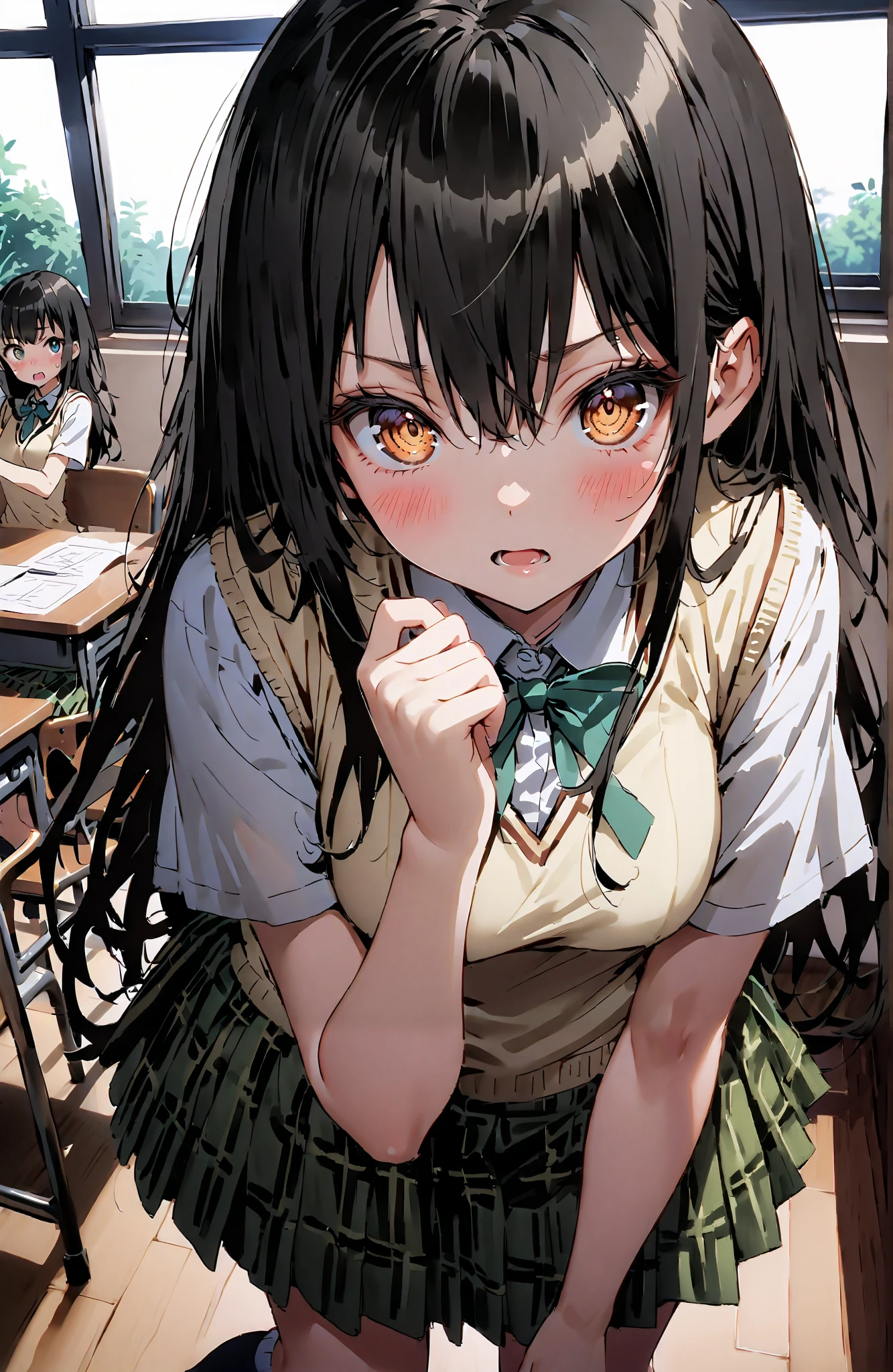 score_9, score_8_up, score_7_up,  source_anime,
Yuikotegawa,  Yui Kotegawa , Alone,black hair, brown eyes, long hair,
green skirt, thigh plaid, thigh plaid skirt, sainan high school uniform, school uniform, skirt, sweater vest,  yellow sweater, Short sleeve, black high socks,standing,skirtタグ , eyelashes skirt tug,skirt,Lift of the Wind ,angry,embarrassing,blushes,open their mouths, machine,chairs, blackboard ,angle from below,full bodyがイラストに入るように,break indoors, classroom,
break looking at viewer,full body,
break (masterpiece:1.2),top quality , kampala, Unity 8K Wallpaper ,(shape:0.8),(  fine, beautiful eyes  :1.6),It's a person ,full body写真,CG Details , (perfect hands,complete anatomy),
