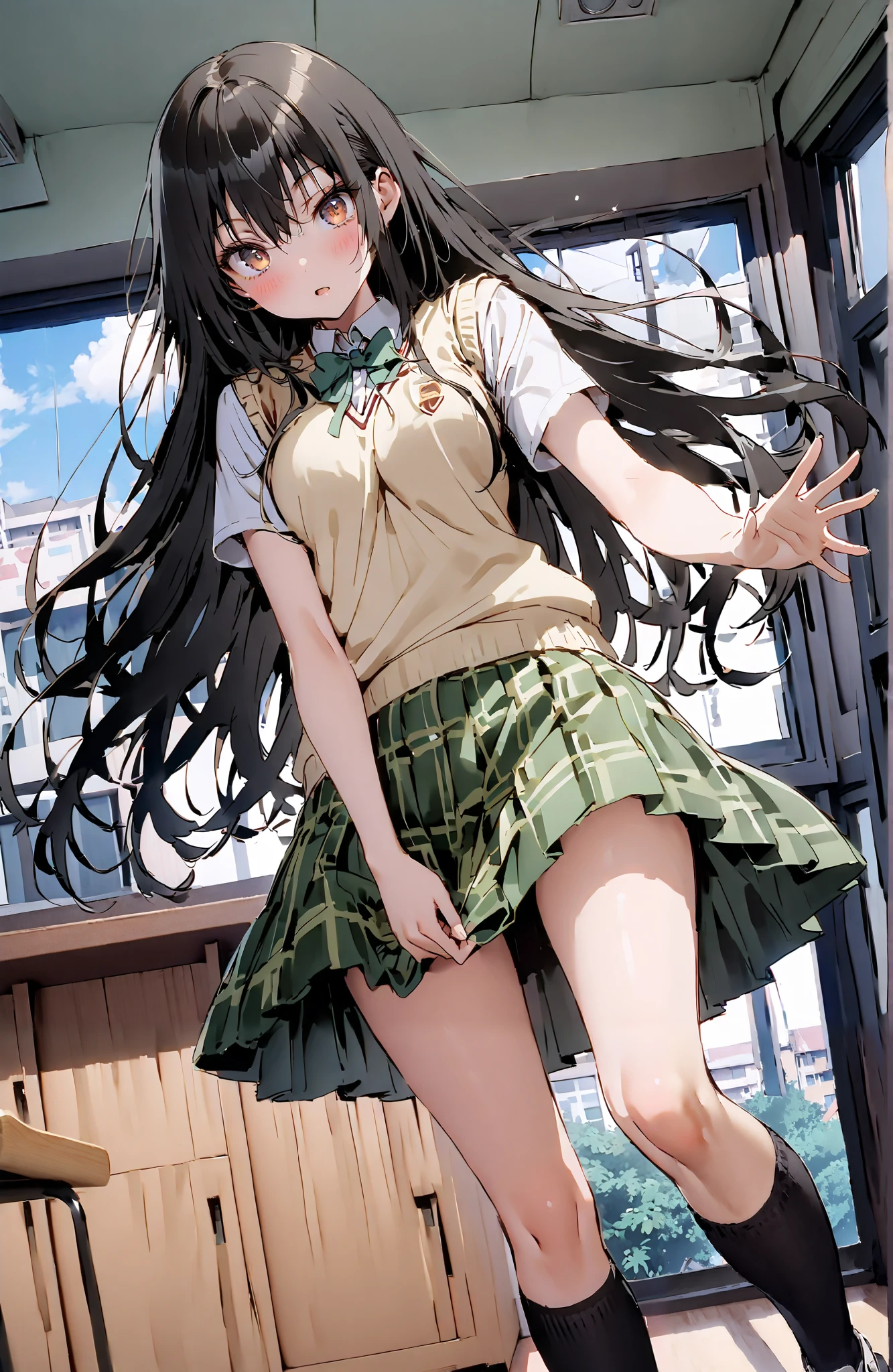 score_9, score_8_up, score_7_up, source_anime,
Yuikotegawa, Yui Kotegawa , Alone,black hair, brown eyes, long hair,
green skirt, thigh plaid, thigh plaid skirt, sainan high school uniform, school uniform, skirt, sweater vest, yellow sweater, Short sleeve, black high socks,standing,skirtタグ , eyelashes skirt tug,skirt,Lift of the Wind ,angry,embarrassing,blushes,open their mouths, machine,chairs, blackboard ,angle from below,full bodyがイラストに入るように,break indoors, classroom,
break looking at viewer,full body,
break (masterpiece:1.2),top quality , kampala, Unity 8K Wallpaper ,(shape:0.8),( fine, beautiful eyes :1.6),It's a person ,full body写真,CG Details , (perfect hands,complete anatomy),
