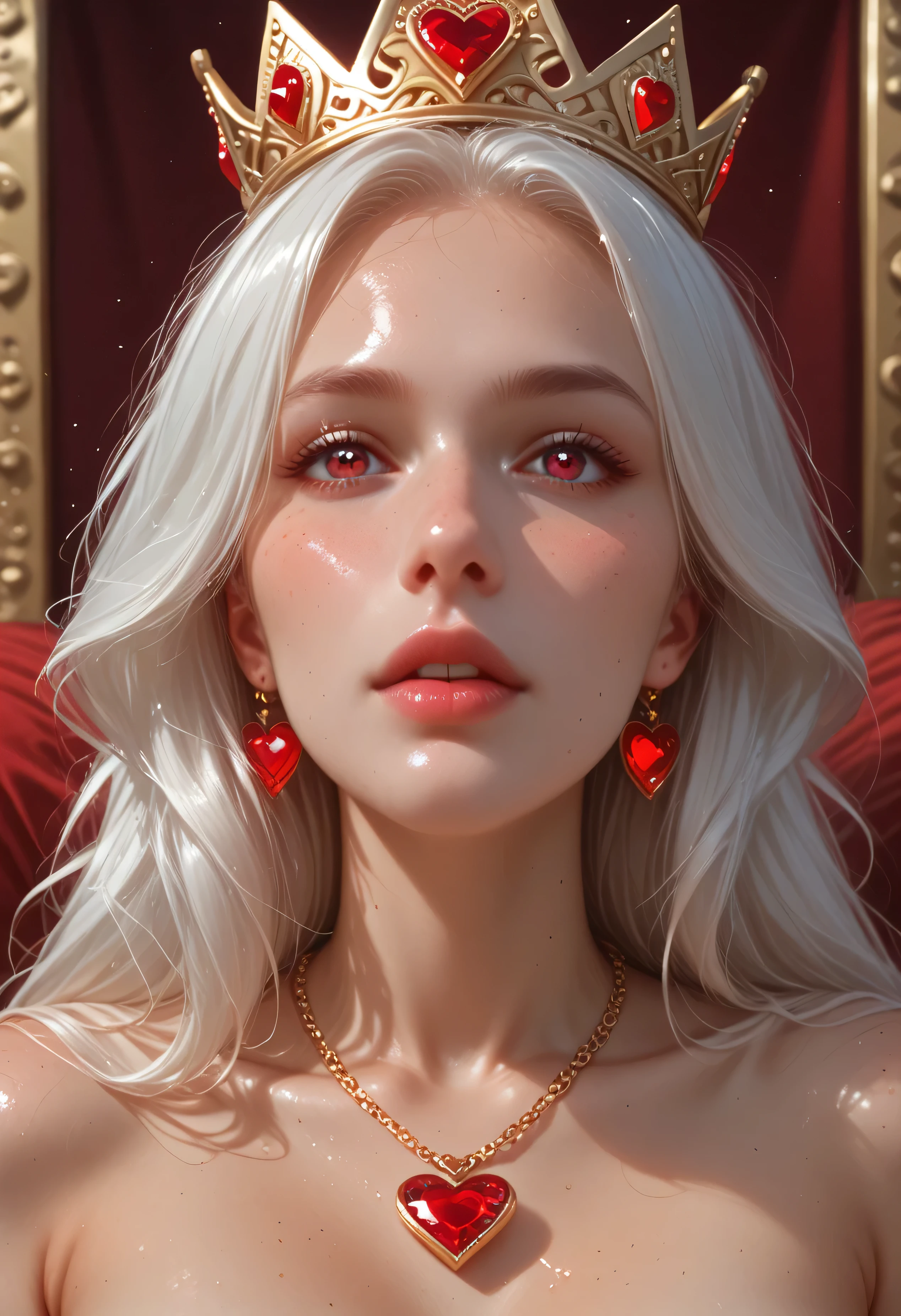queen of hearts, young nordic woman, symmetrical, royal portrait, (heart:1.1), crown, heart necklace, queen's robes, royal throne, ruby jewels, long white hair, looking at camera, red, white, RAW candid cinema, 16mm, color graded portra 400 film, remarkable color, ultra realistic, textured skin, remarkable detailed pupils, realistic dull skin noise, visible skin detail, skin fuzz, dry skin, shot with cinematic camera