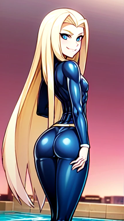 masterpiece,best quality, highly detailed, score_9, score_8_up, score_7_up, score_6_up,BREAK
pacifica, 1girl, solo, blonde hair, gloves, jewelry, earrings, purple hair band, long hair, bangs, blunt bangs, hands against wall, smile,looking at viewer, ponytail, makeup, style parody, eyeshadow, purple DOLLSUIT, cowboy shot, latex leotard, (leotard aside, pussy), thick thighs, wide hips, back view, large ass, thong leotard, ((ass grab, pov hands))