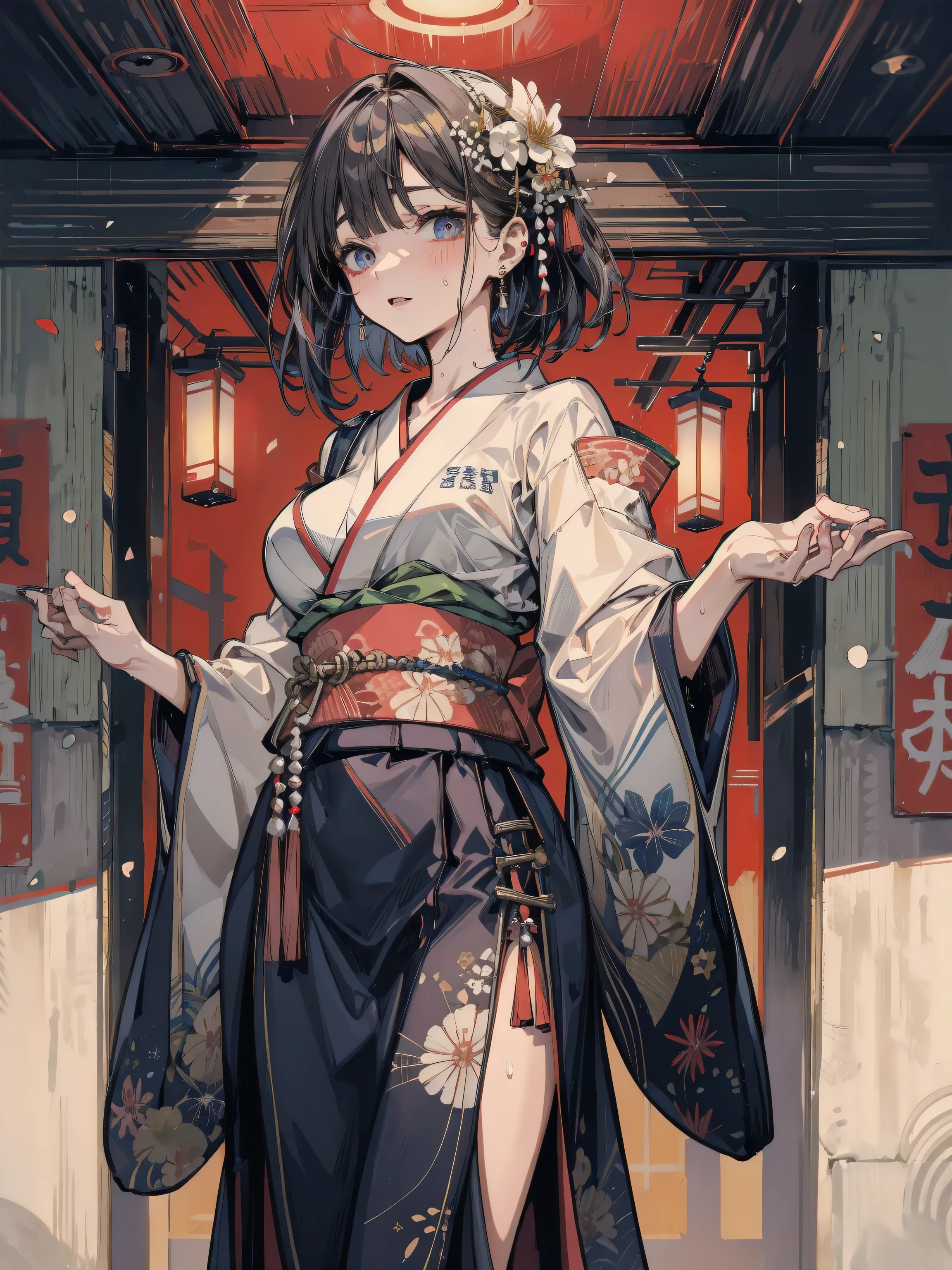 (masutepiece:1.4),ultra -detail、hyper quality、High resolution、Beautiful adult woman、Beautiful skins、Beautiful muscles、(((Kimono with beautiful decoration)))、(((Beautiful decorated panties)))、(((Luxury costumes)))、top-quality、16-k illustration、masterpiece、high detailing、beatiful backgrounds、((Detailed drawing))、Perfect Photo、Perfect Beautiful Girl、spot light、cowboy shot
