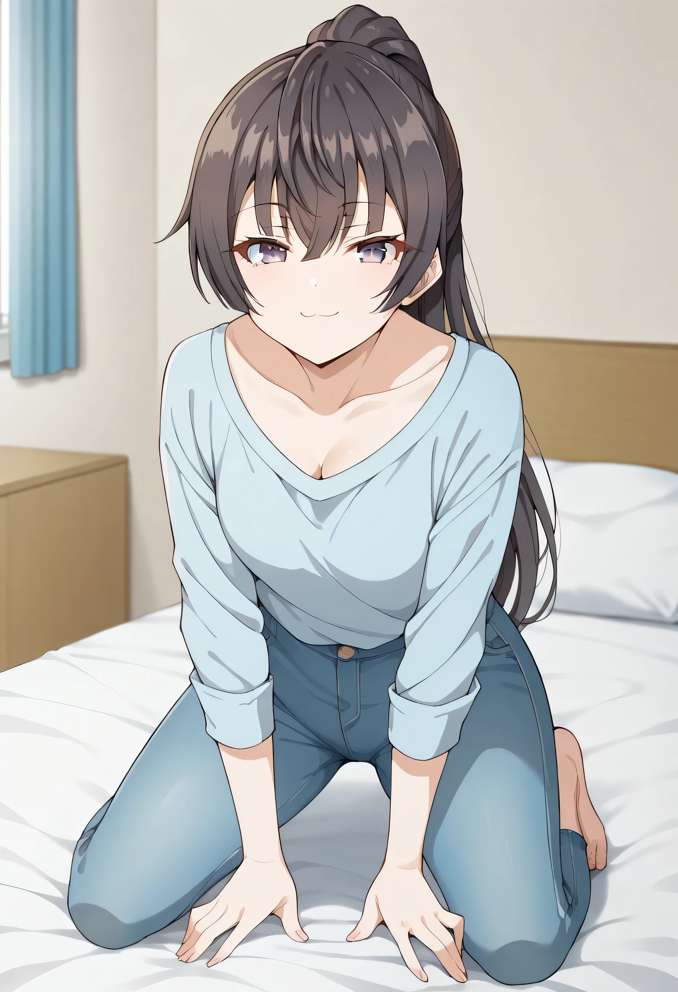 score_9, score_8_up, score_7_up, source_anime,
1girl, solo, looking at viewer, indoors, bed, blurry background, smug, leaning forward, downblouse, full body, straddling, girl on top,
yuki suou, black hair, long hair, ponytail, hair between eyes, purple eyes,
tight jeans, nude tits, collarbone, , long sleeves,